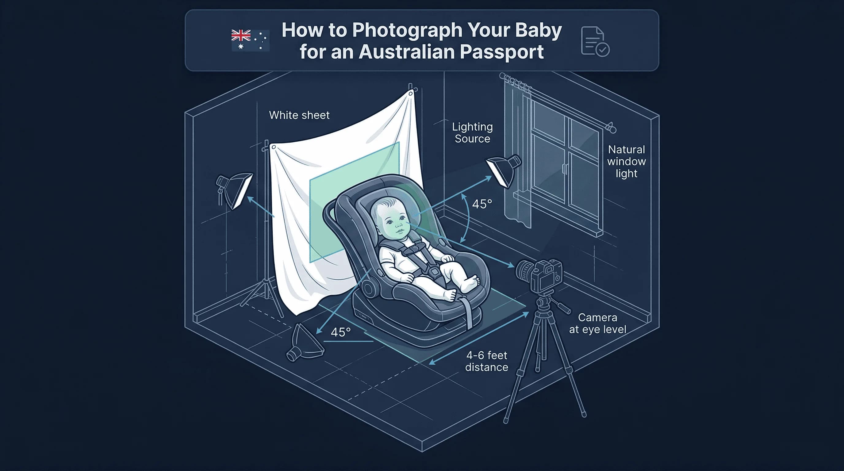 Diagram of a home baby passport photo setup for Australia showing car seat method, camera position, white backdrop