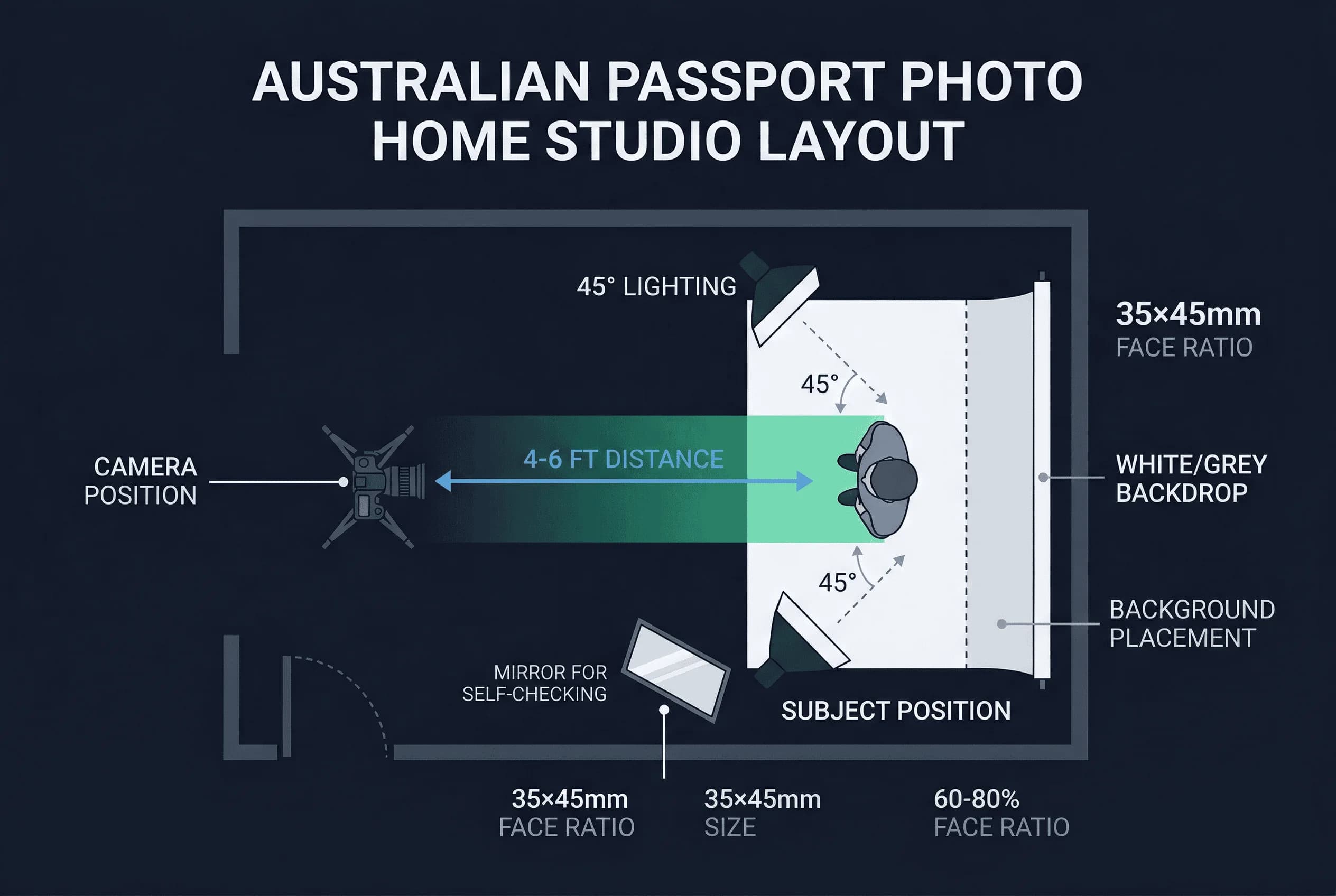 Diagram of a home passport photo setup for Australian showing camera on tripod, backdrop, lighting placement