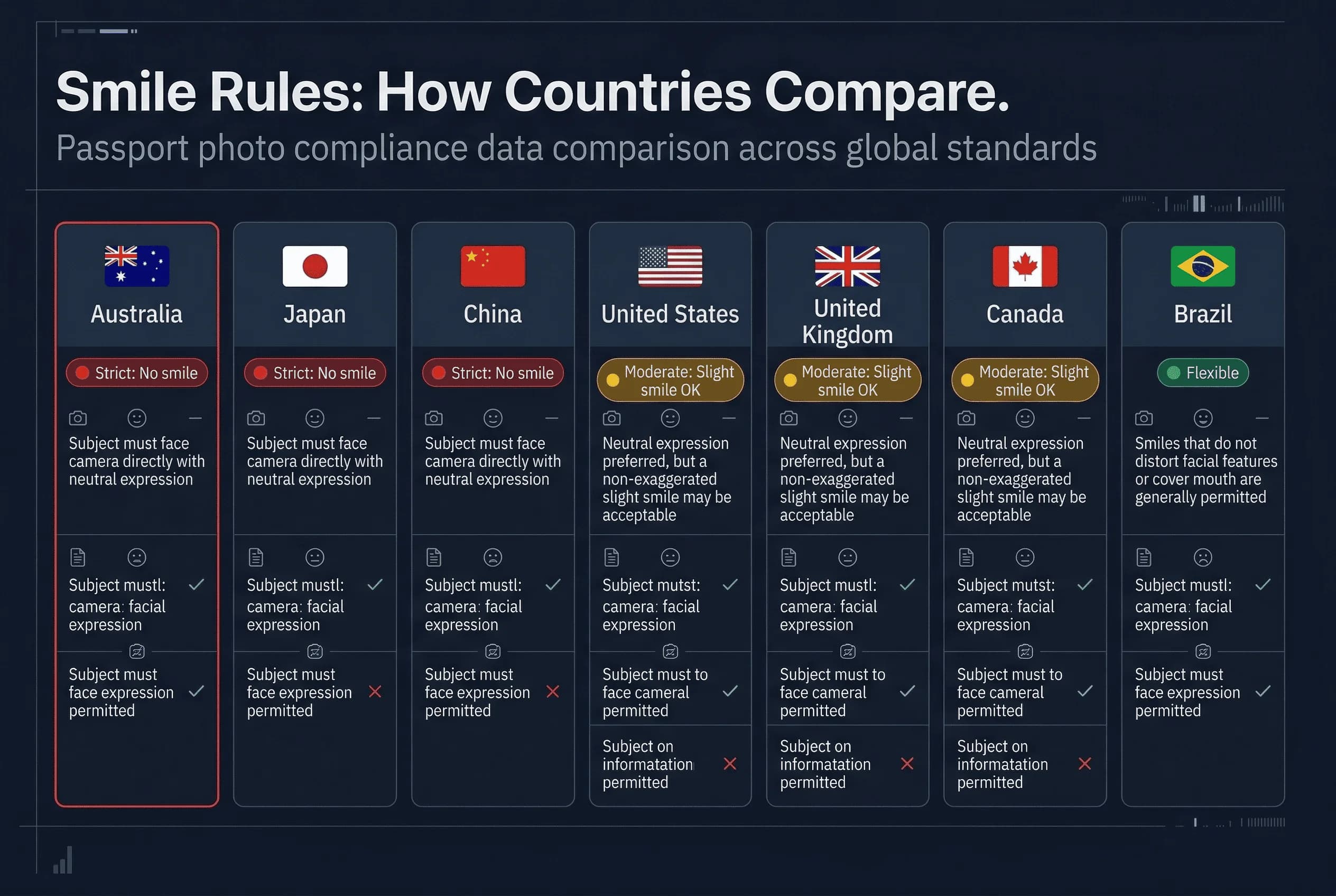 Grid comparing passport photo expression rules across Australia, Brazil, Canada, China, Japan