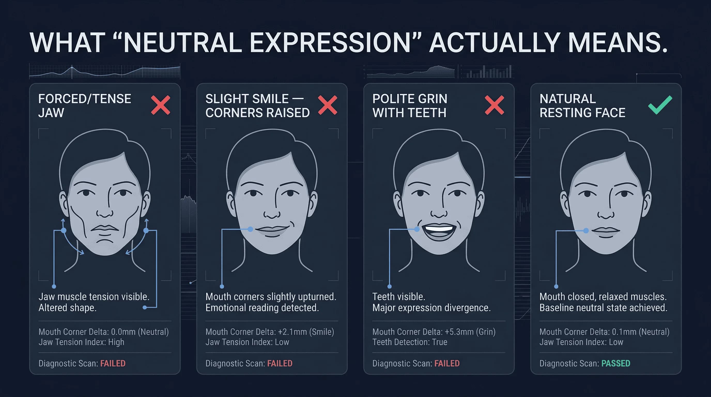 Examples of common Australia passport photo mistakes: forced/tense jaw and slight smile, with correct example shown