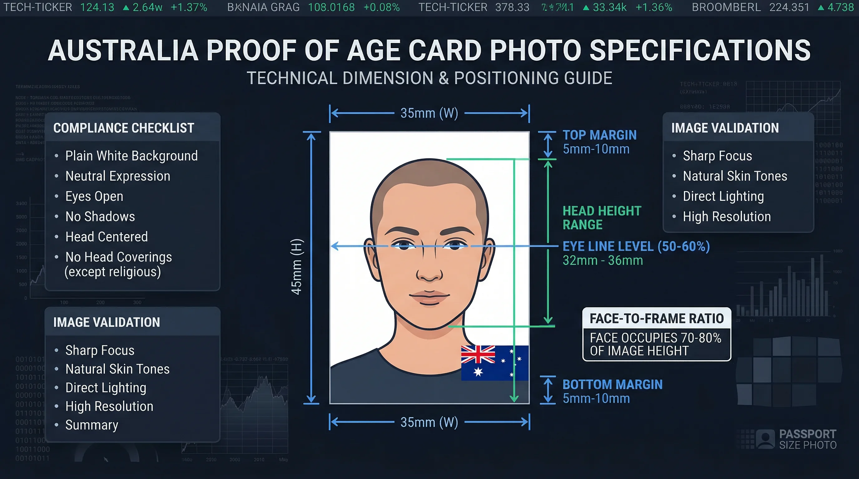 Diagram showing Australia proof of age card photo dimensions: 35×45mm frame with head height and eye line markers