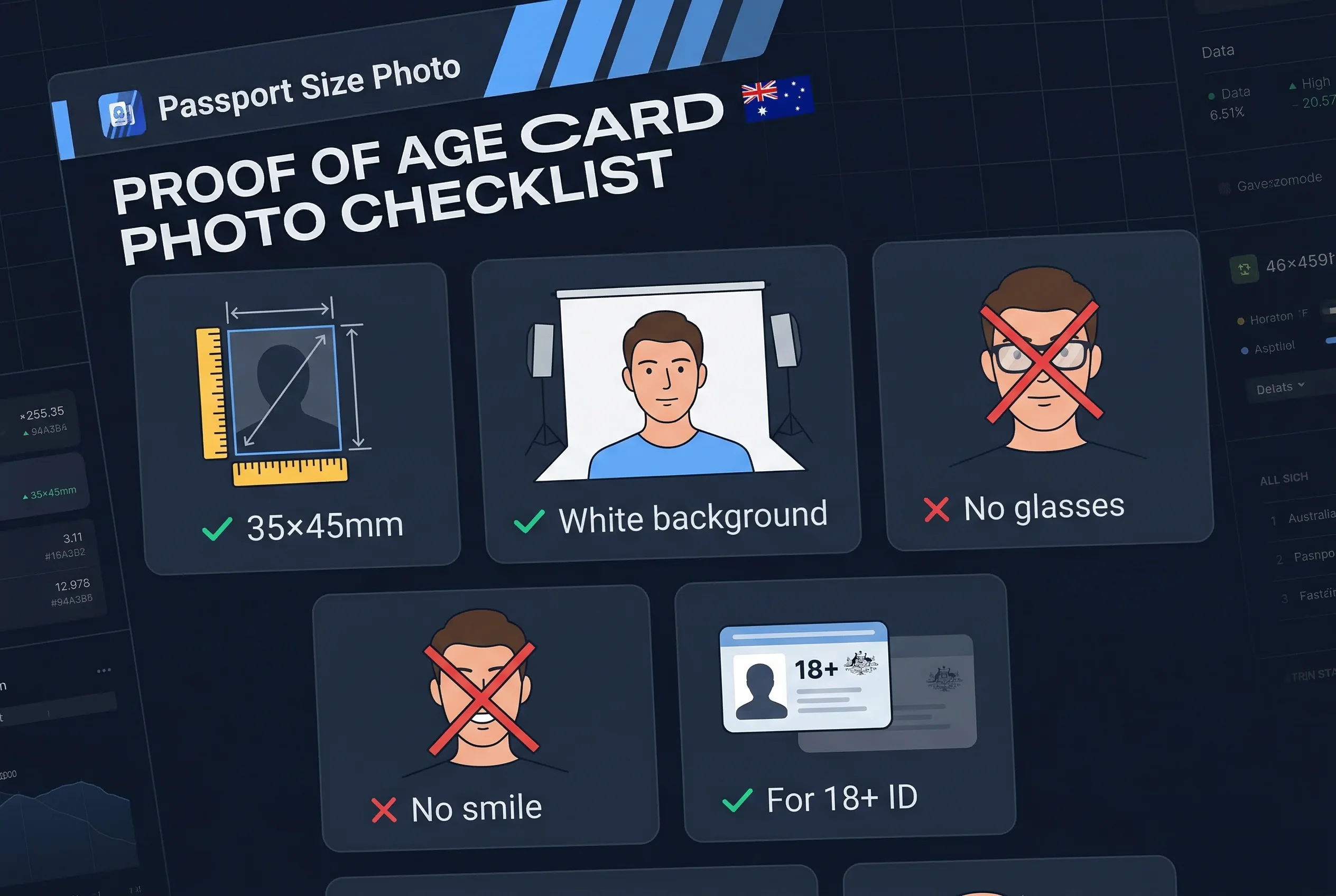 Requirements checklist for Australia proof of age card photos: 35×45mm size