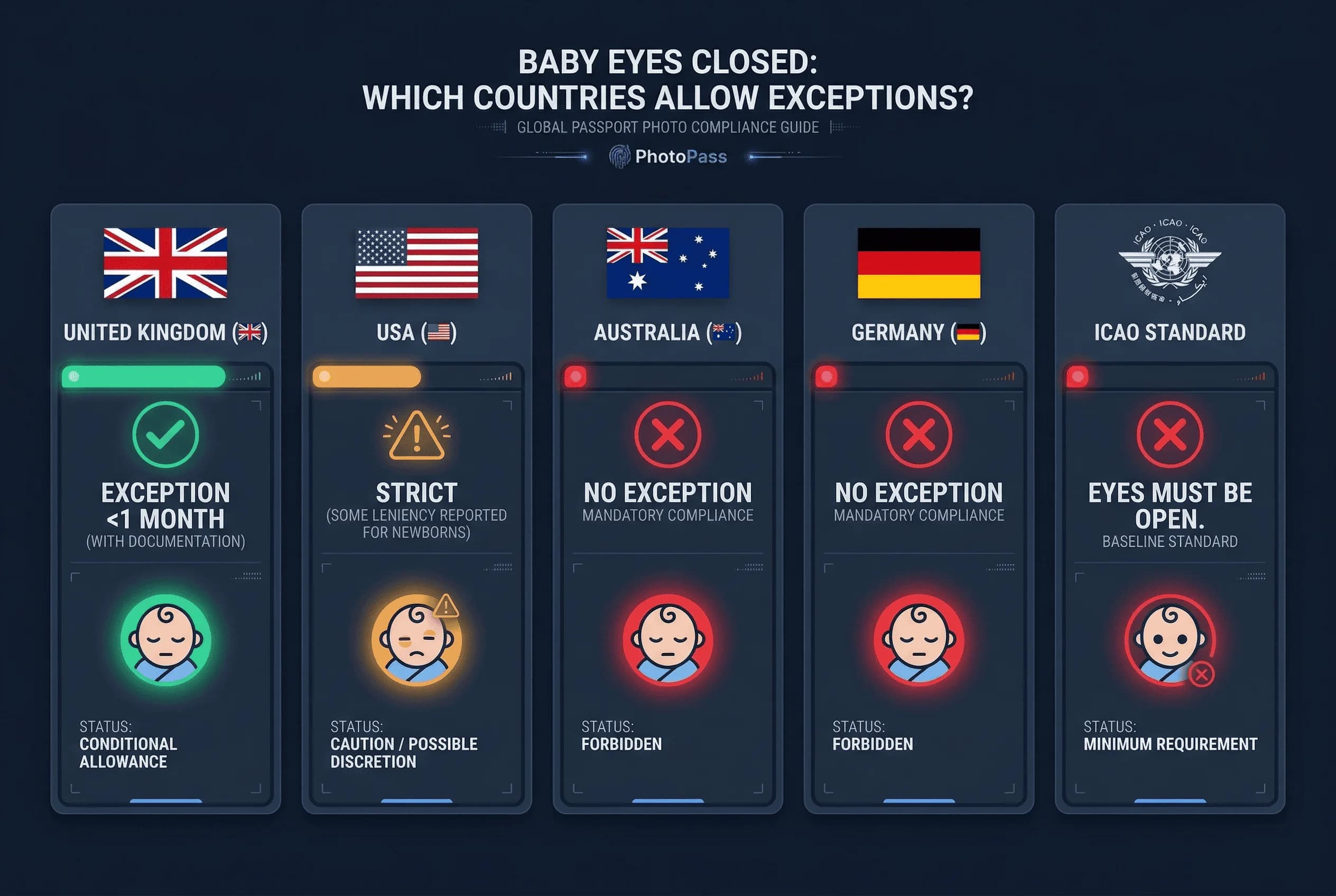 Grid comparing baby passport photo rules across Australia, Germany, UK, US