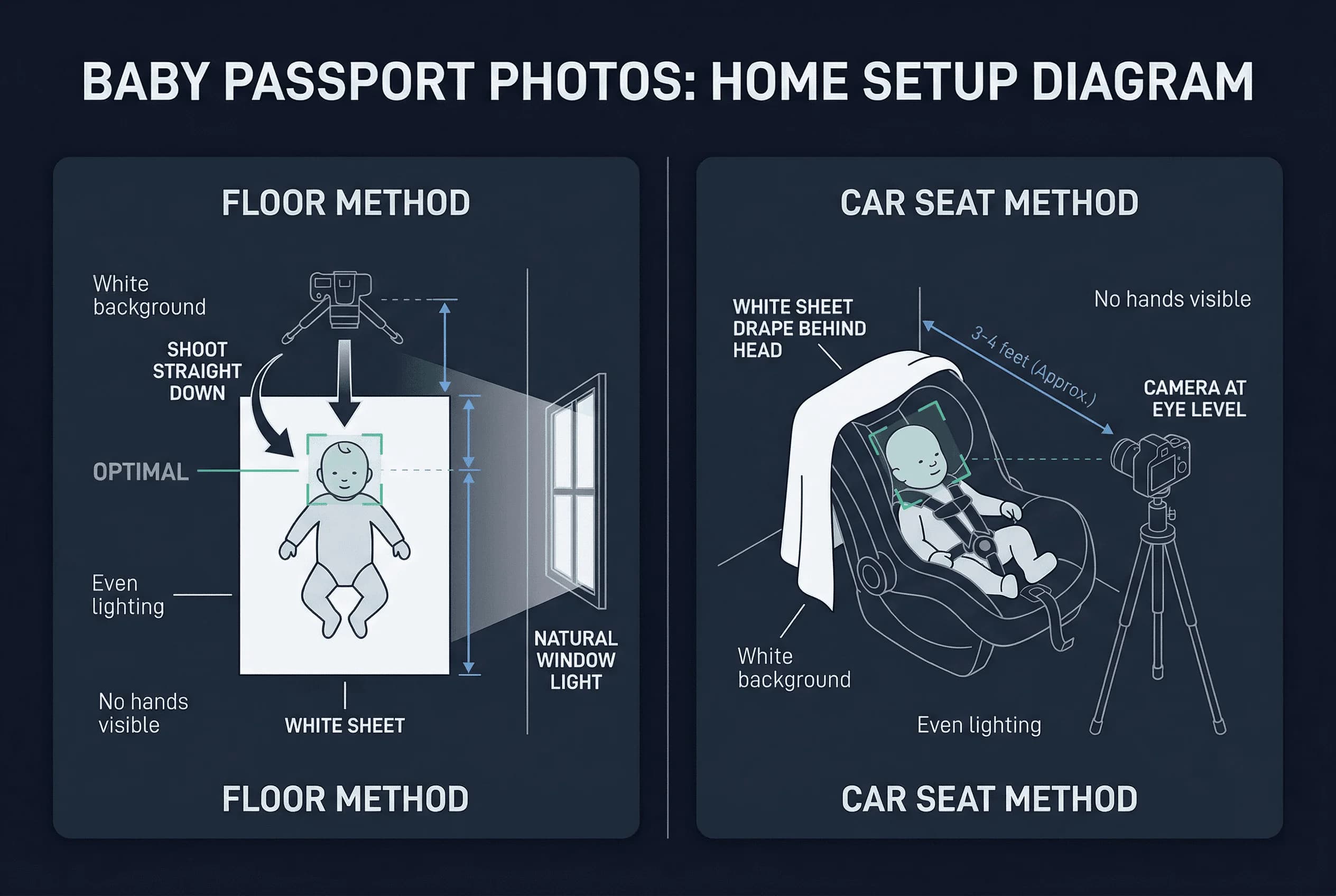 Diagram of a home baby passport photo setup showing car seat method, camera position, white backdrop