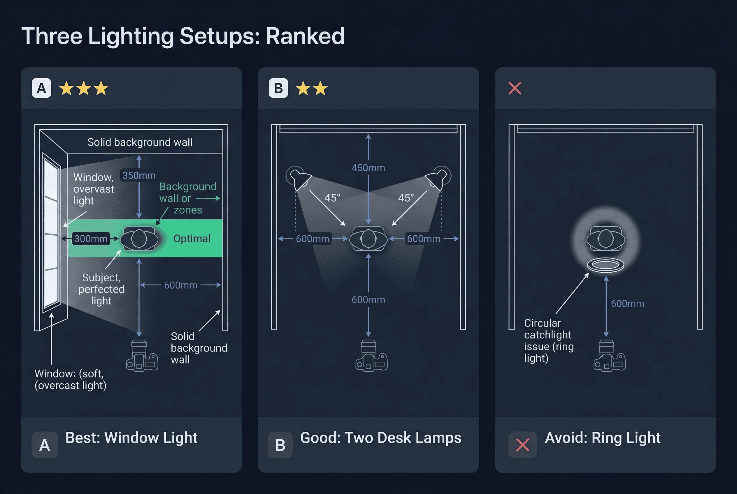 Diagram of a home passport photo lighting setup showing camera position, backdrop, and natural lighting angles