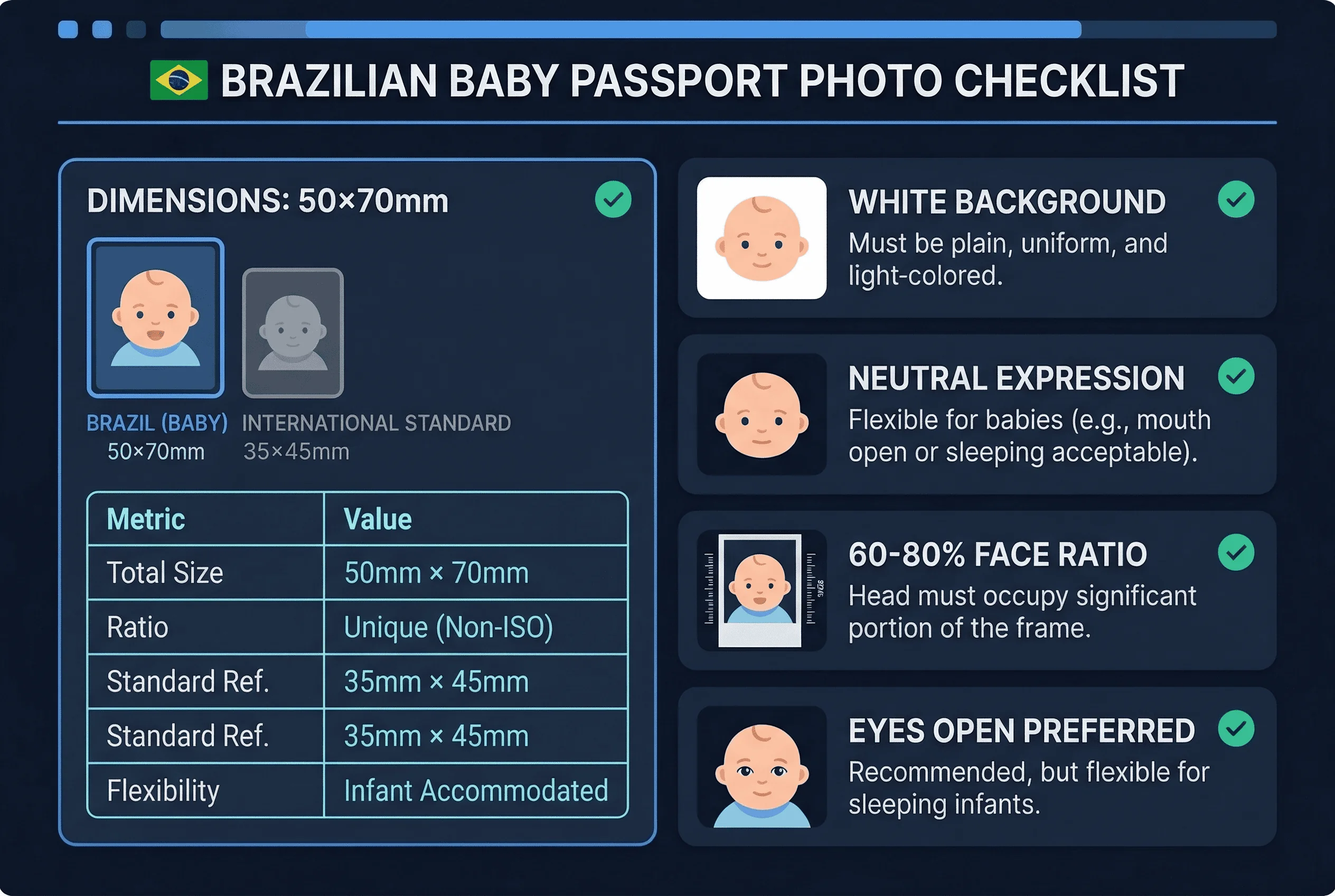 Requirements checklist for Brazil baby passport photos: 50×70mm size, white background, flexible expression for babies