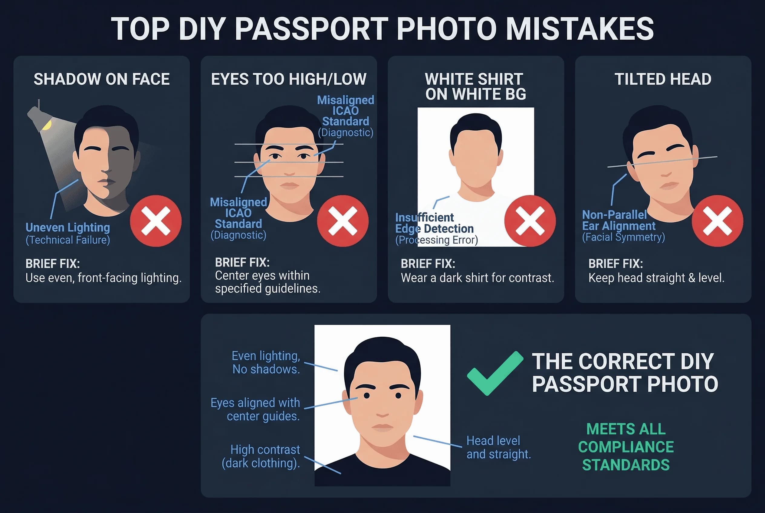 Examples of common passport photo mistakes: shadow on face and eyes too high/low, with correct example shown