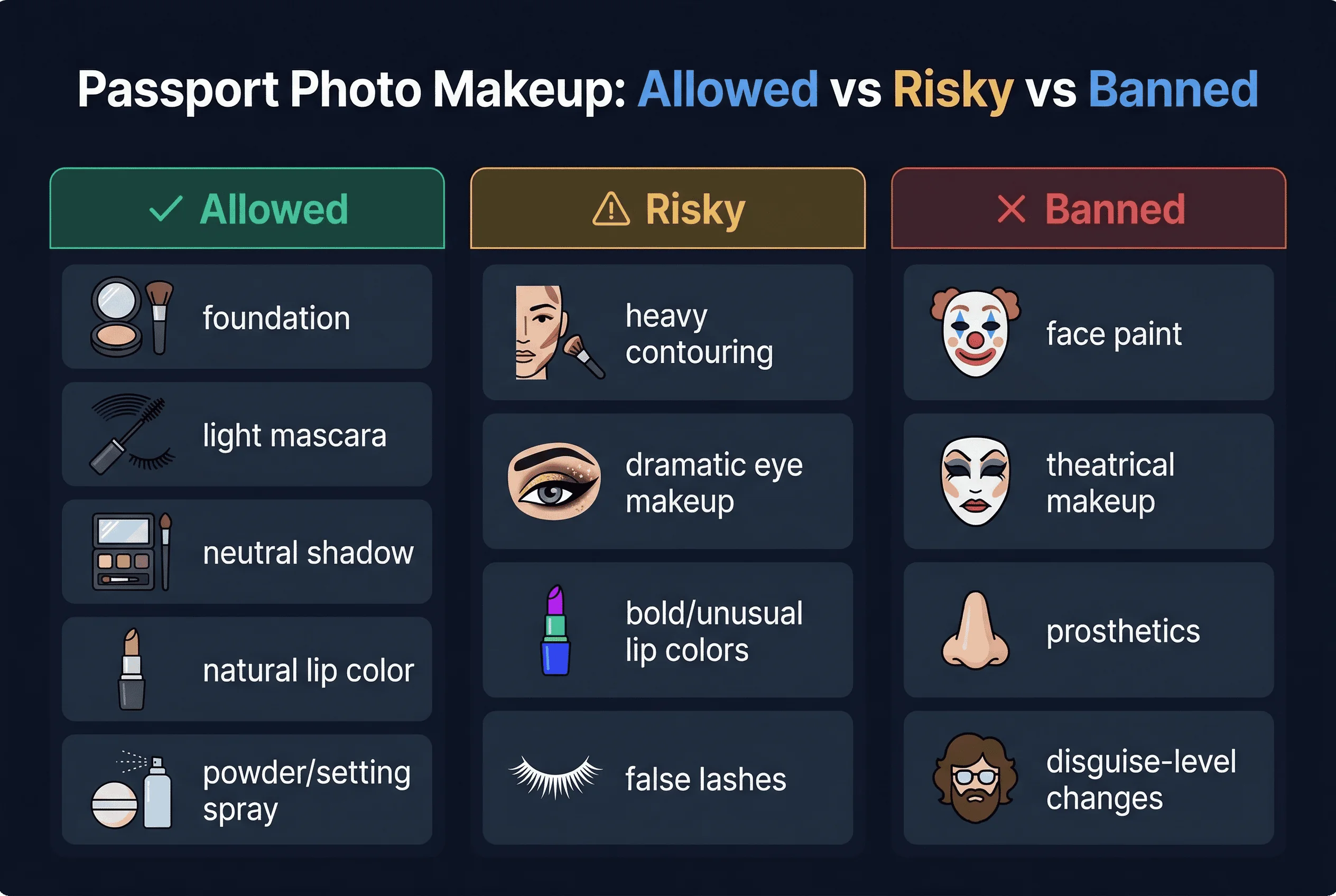 Requirements checklist for passport photo makeup rules: natural look allowed, dramatic changes banned