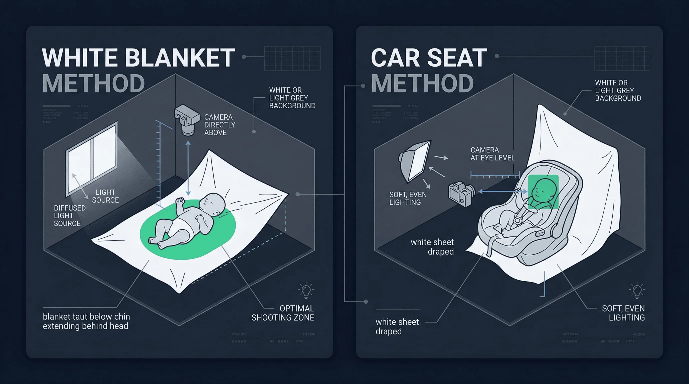Diagram of a home baby passport photo setup for Canada showing car seat method, camera position, white backdrop
