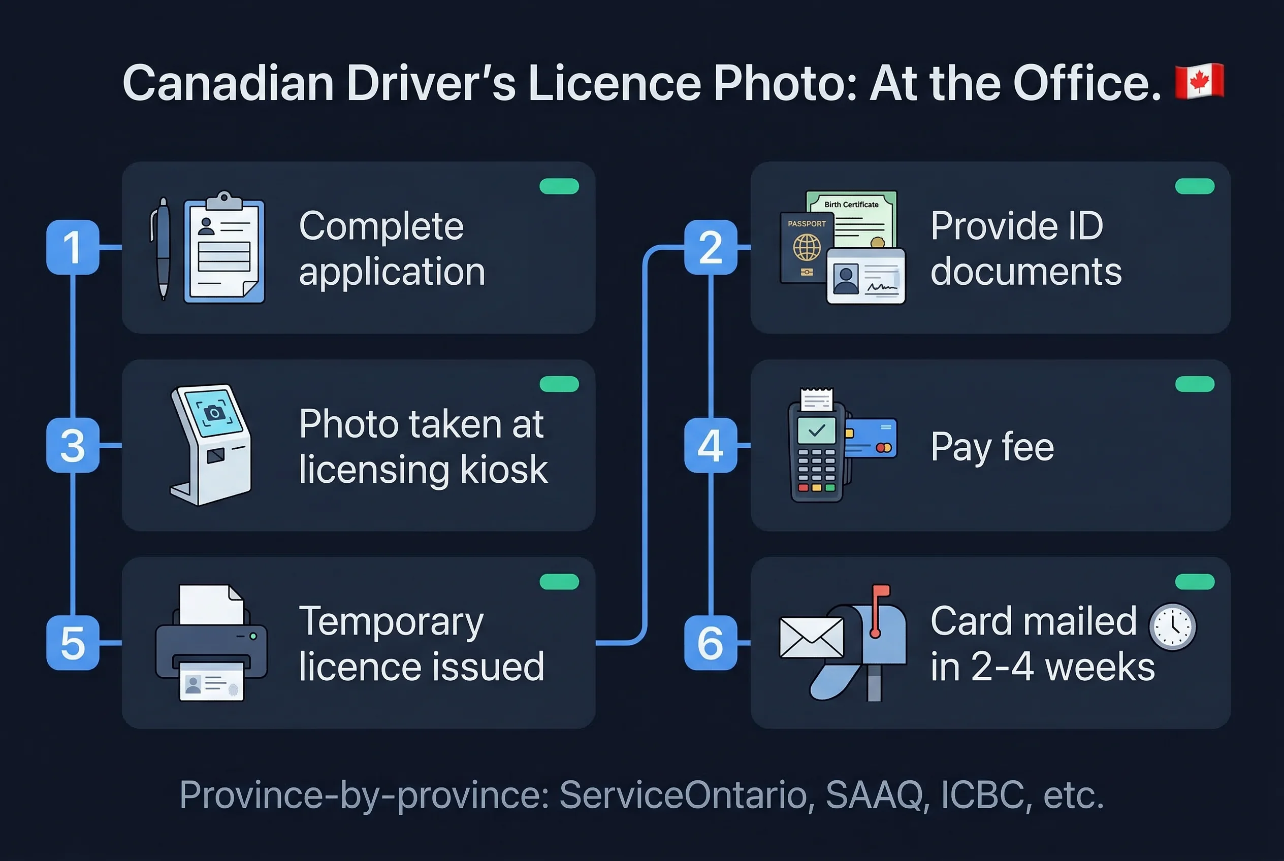 Step-by-step 6-step process for Canadian driver's licence photos: submit application through card mailed in 2-4 weeks