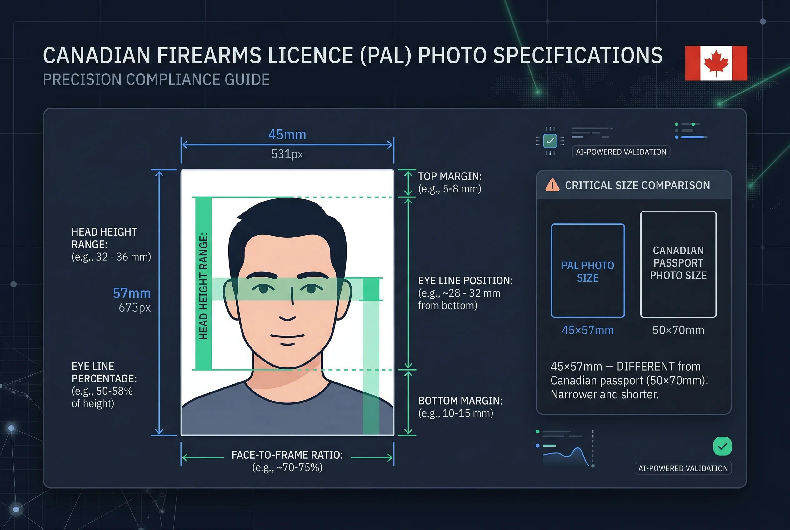 Diagram showing Canadian firearms licence photo dimensions: 45×57mm frame with head height and eye line markers
