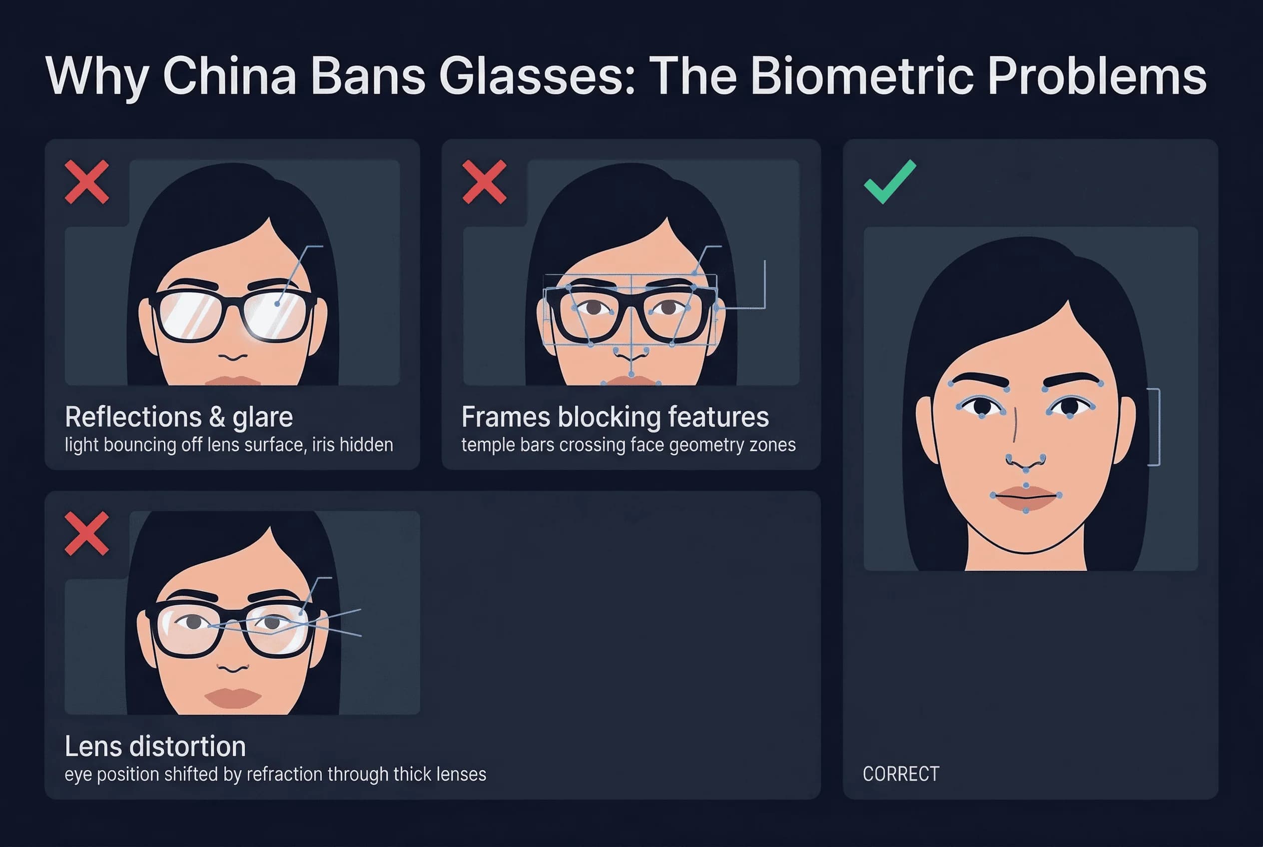 Examples showing why China bans glasses: the biometric problems for Chinese passport photos