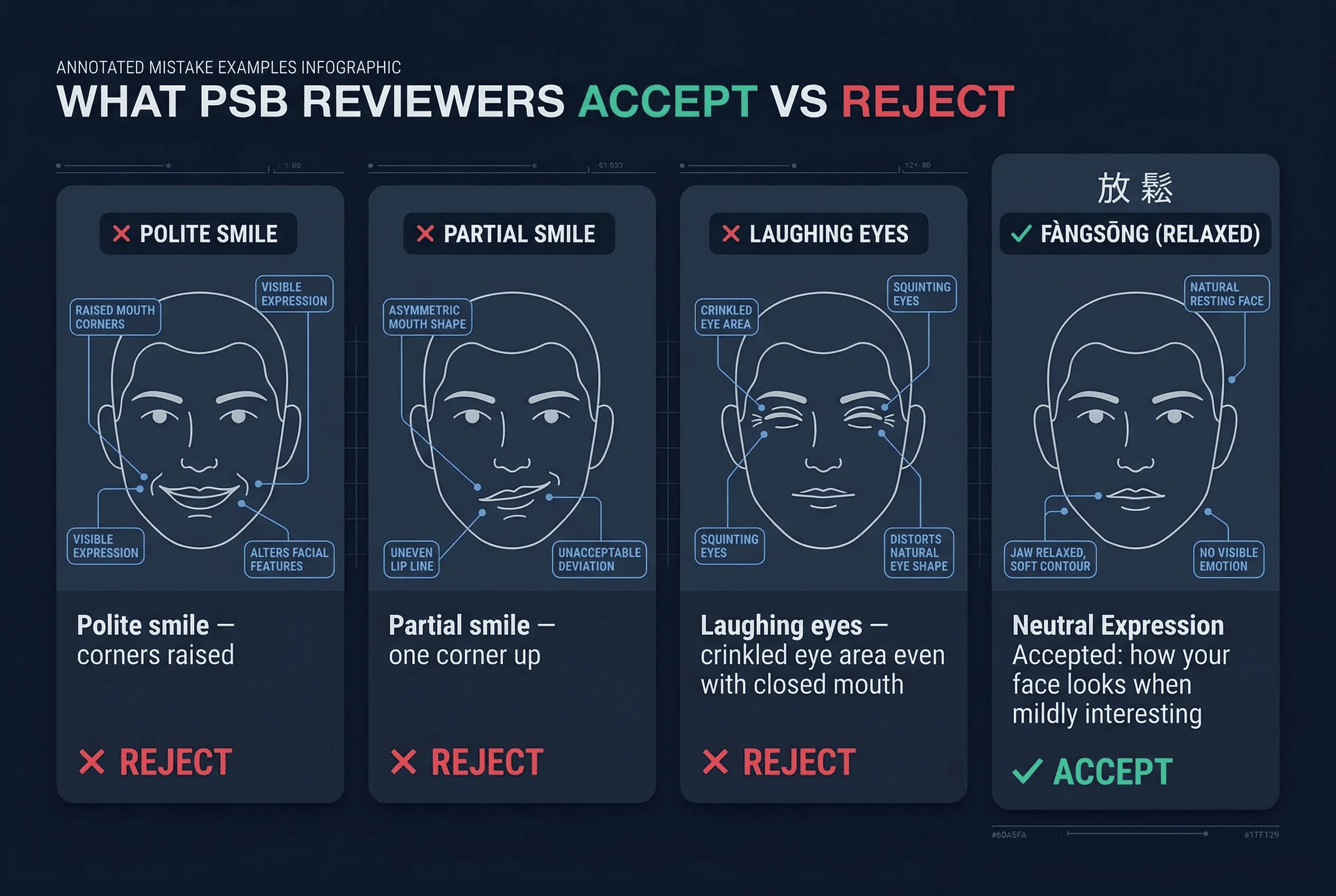 Examples of common China passport photo mistakes: polite smile and partial smile, with correct example shown