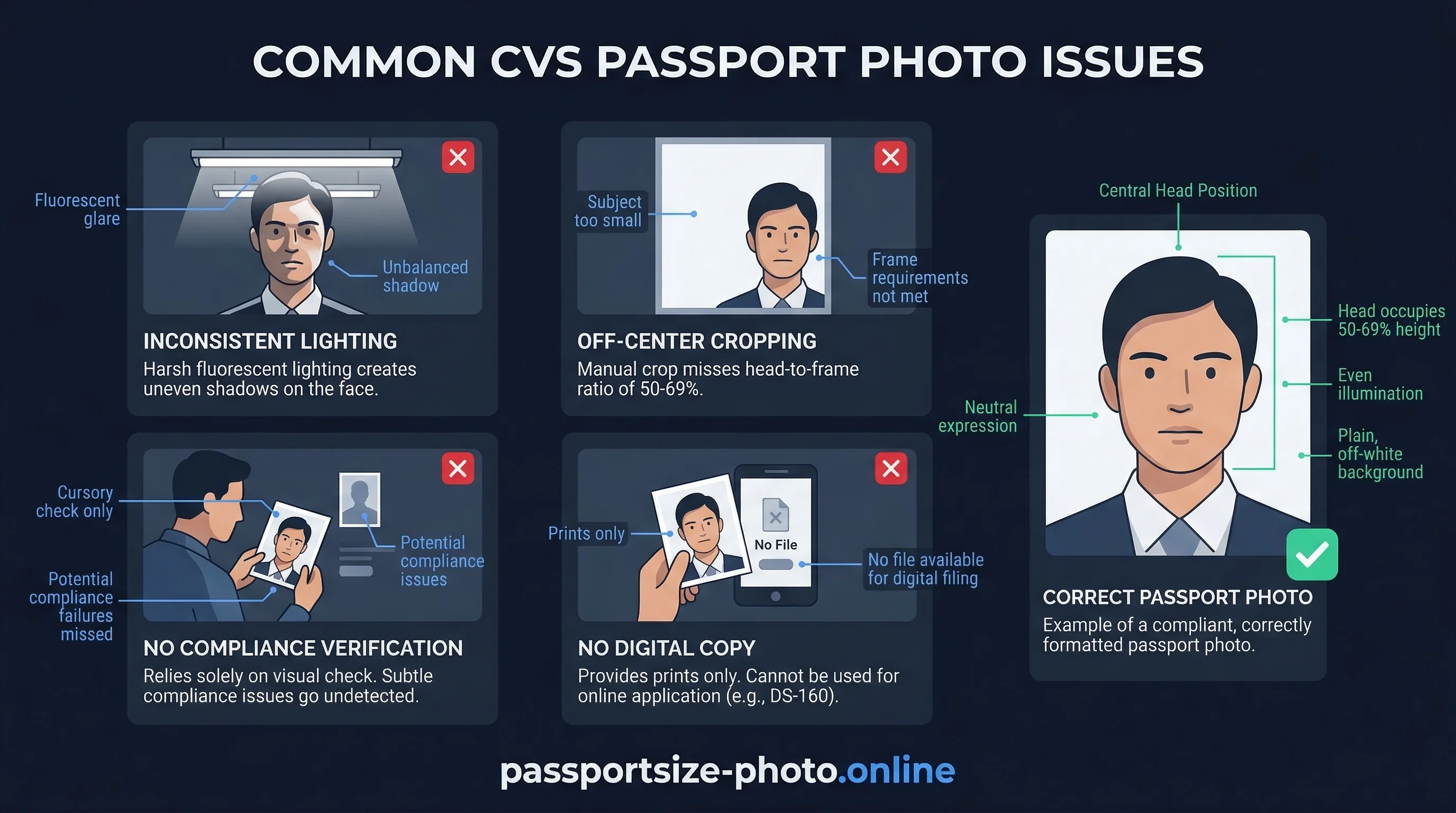 Examples of common CVS passport photo issues: inconsistent lighting, off-center cropping, with correct example