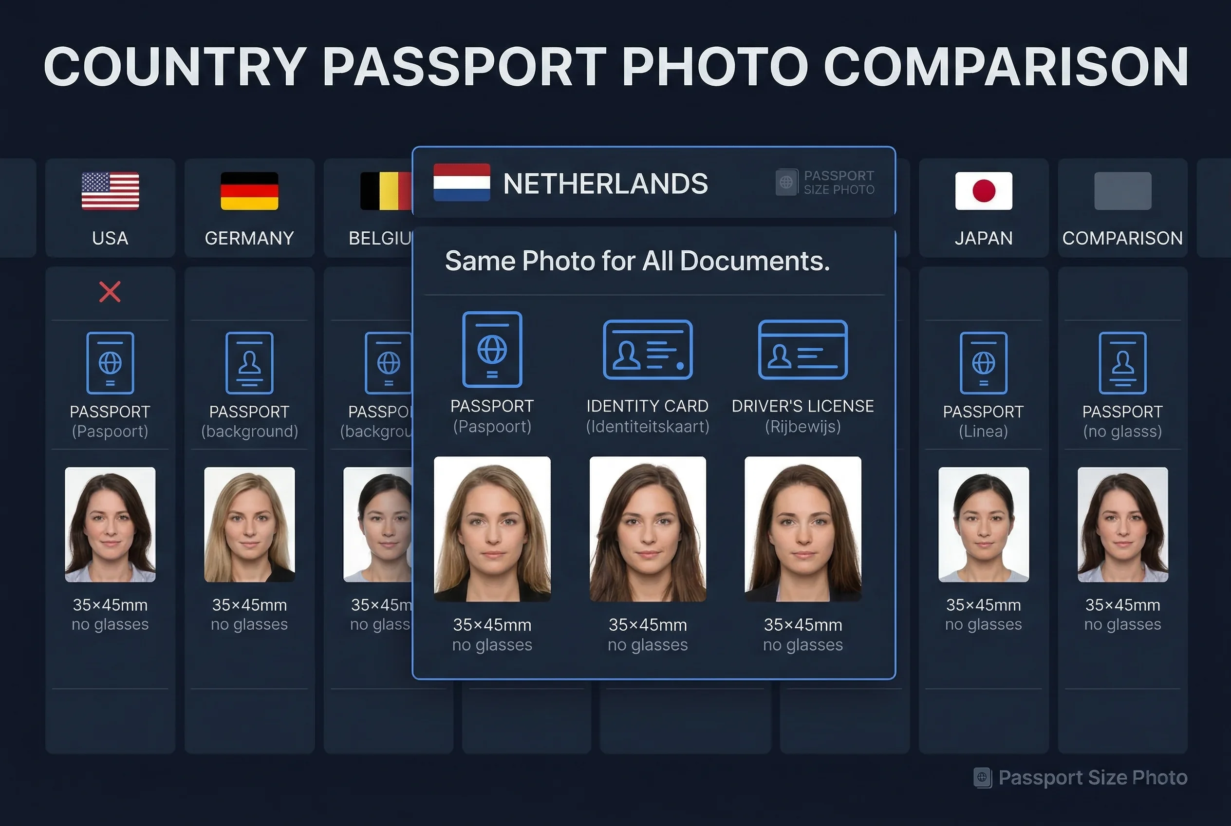 Grid comparing driving licence photo glasses rules for Dutch rijbewijs versus other countries