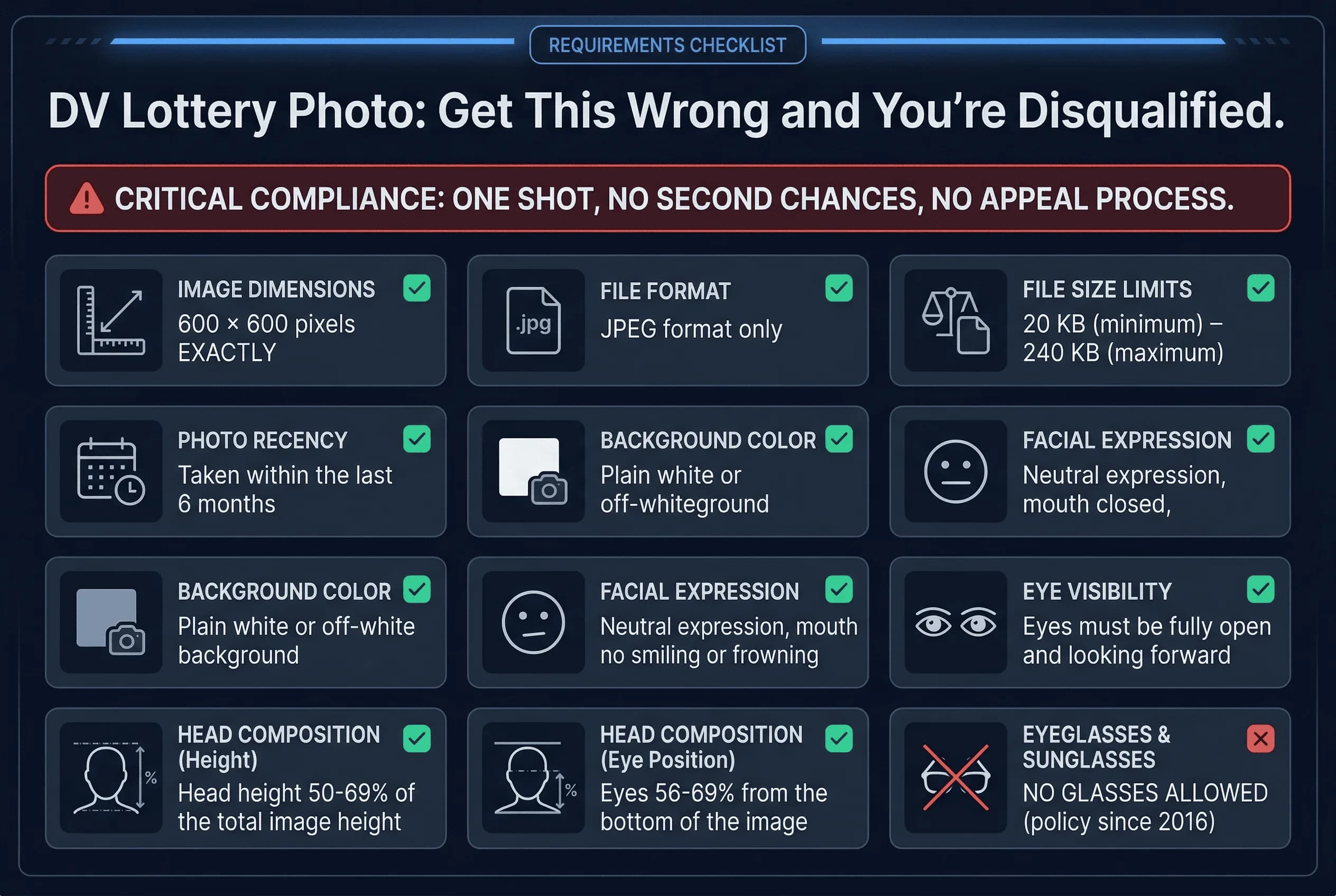 Requirements checklist for DV lottery passport photos: 600×600px, JPEG, 20-240KB, within 6 months