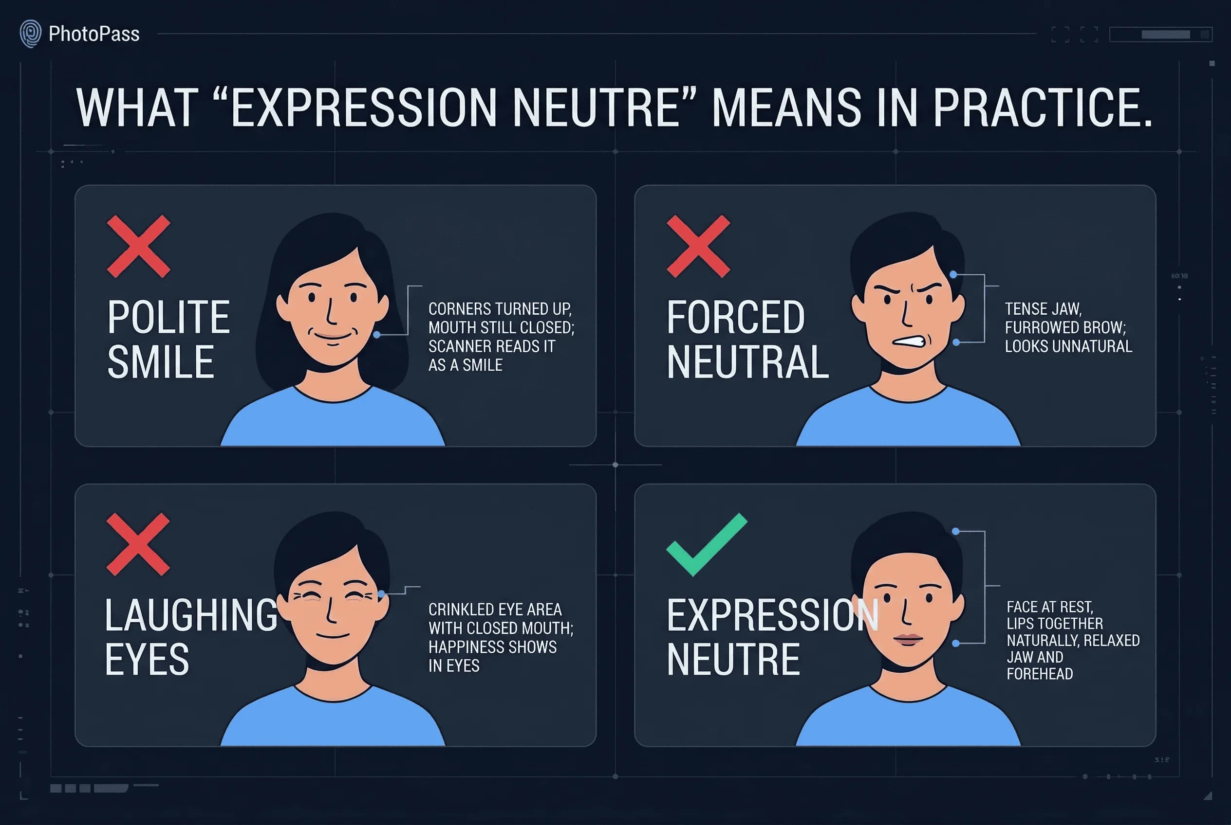 Examples showing what 'expression neutre' means in practice for France passport photos