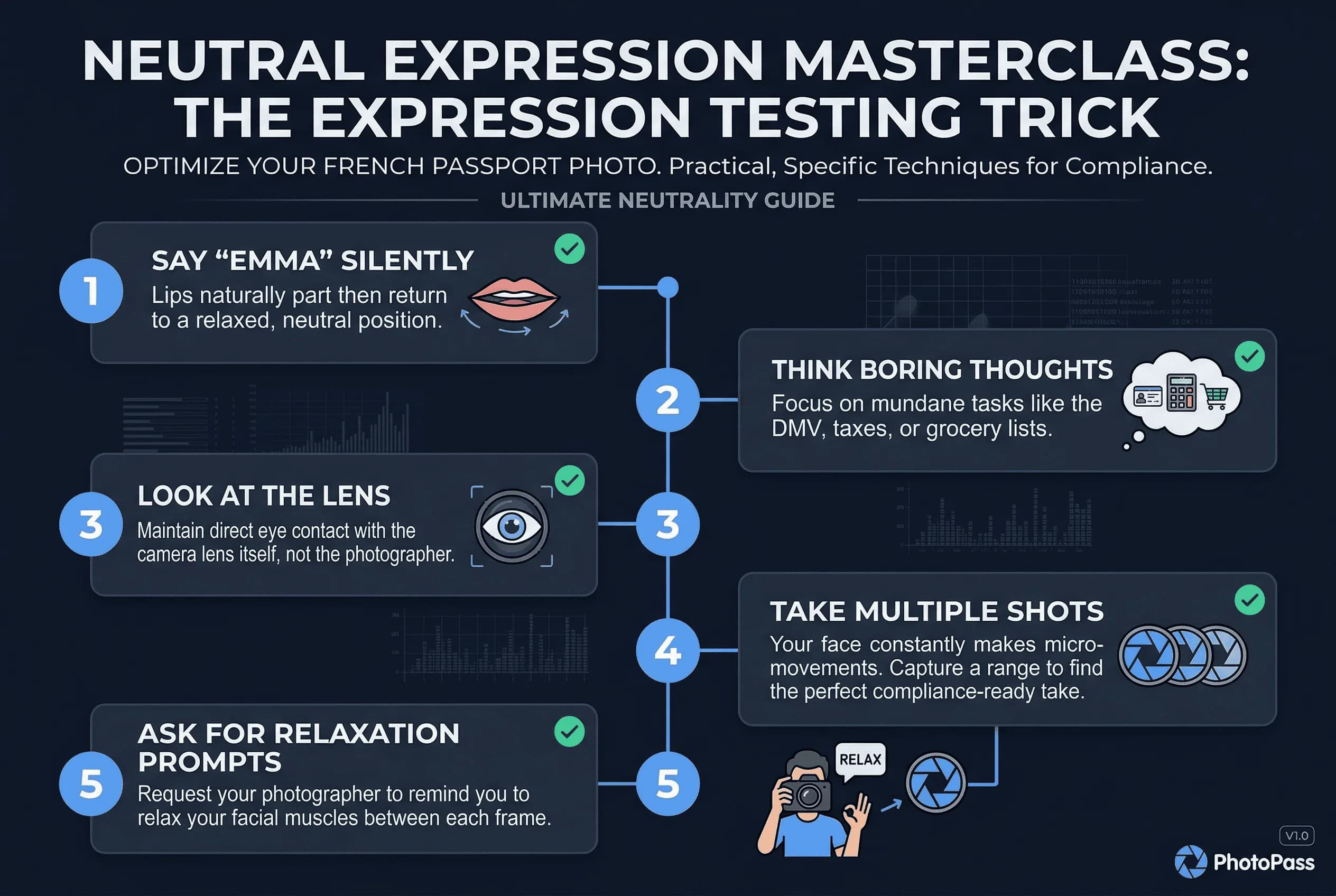 Step-by-step 5-step process for French passport photos: expression must be neutral with mouth closed