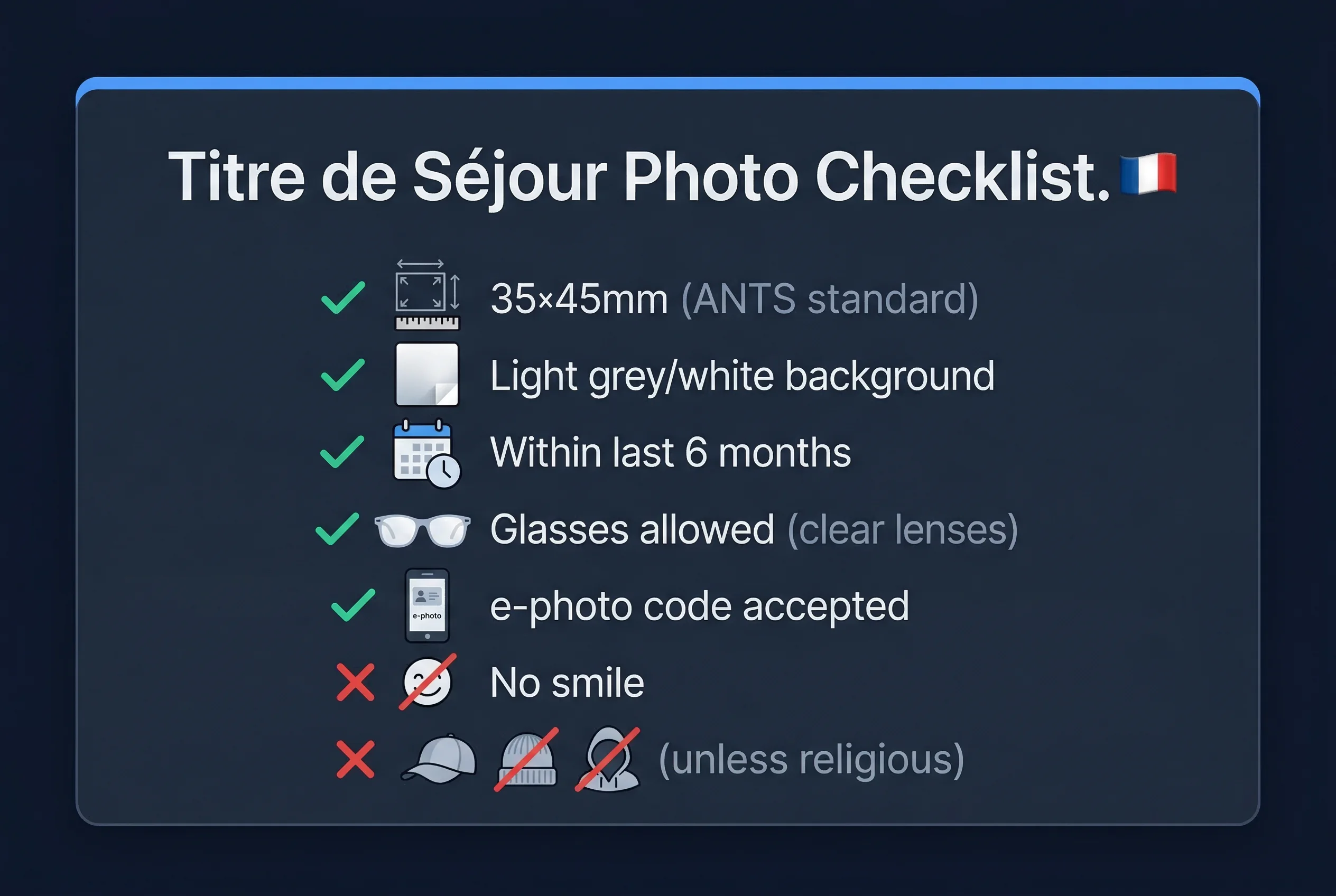 Requirements checklist for French titre de séjour residence permit photos: 35×45mm size