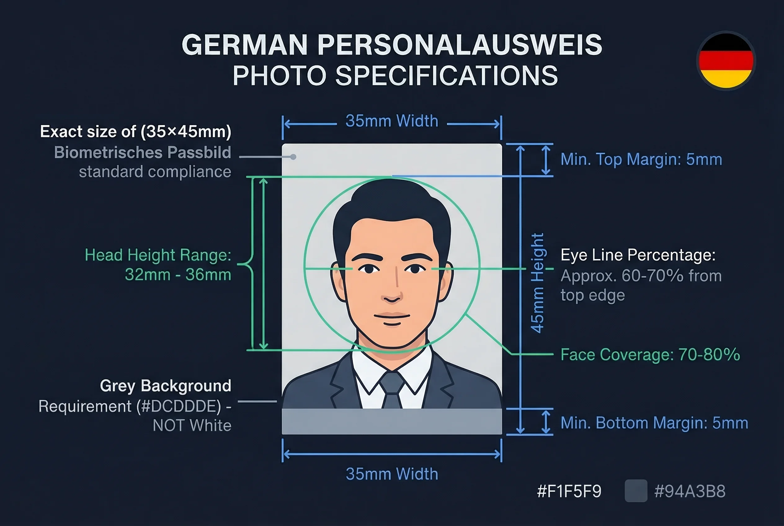 Diagram showing German Personalausweis ID card photo dimensions: 35×45mm frame with head height and eye line markers