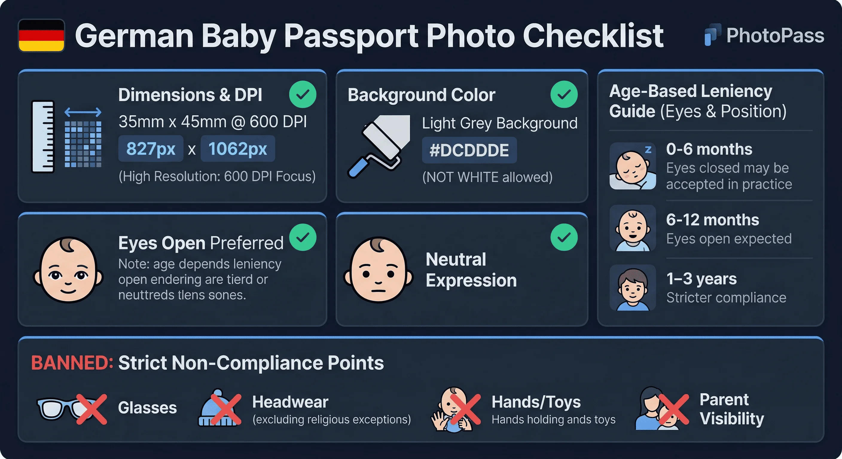 Requirements checklist for Germany baby passport photos: 35×45mm size, light grey #dcddde background not white, eyes open