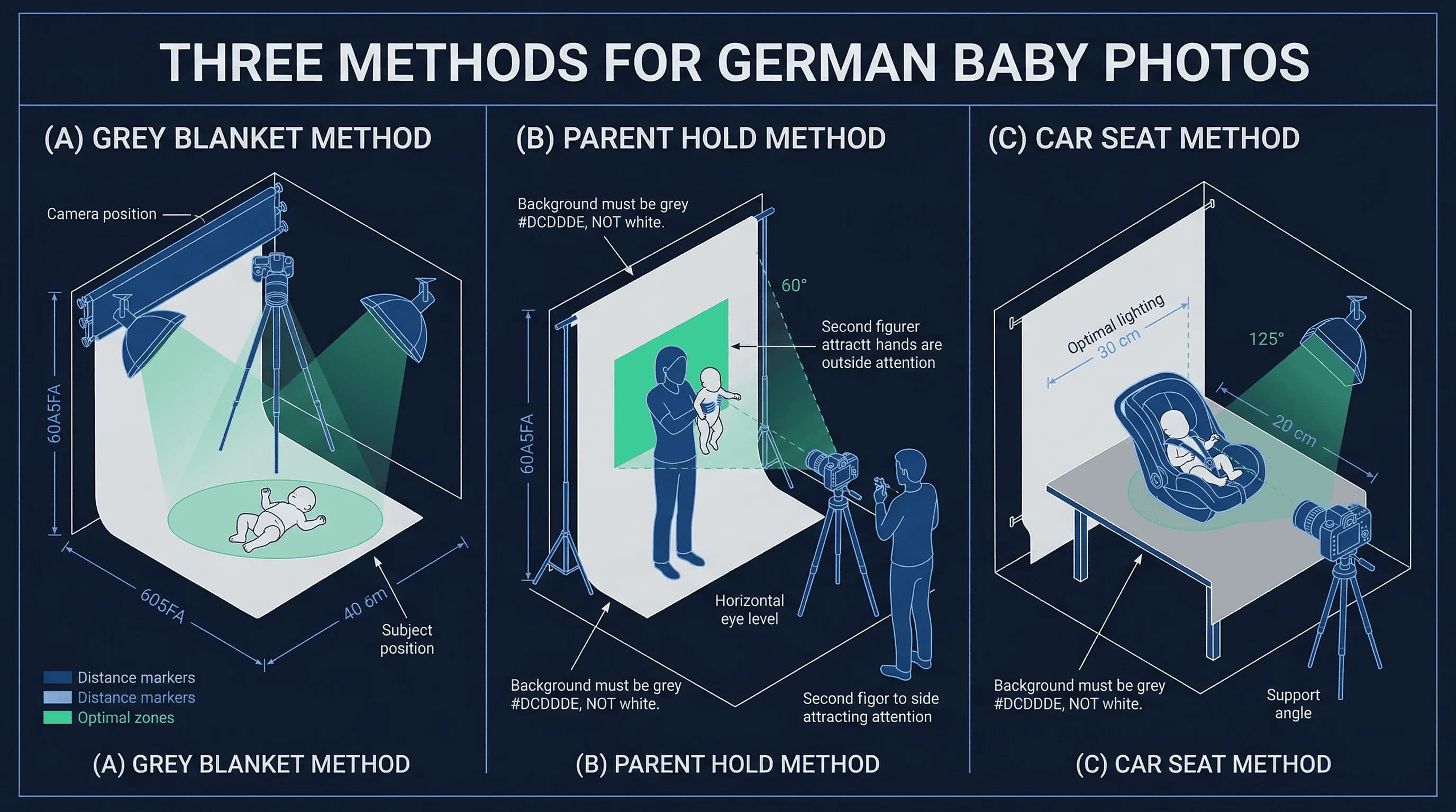 Diagram of a home baby passport photo setup for Germany showing car seat method, camera position, backdrop