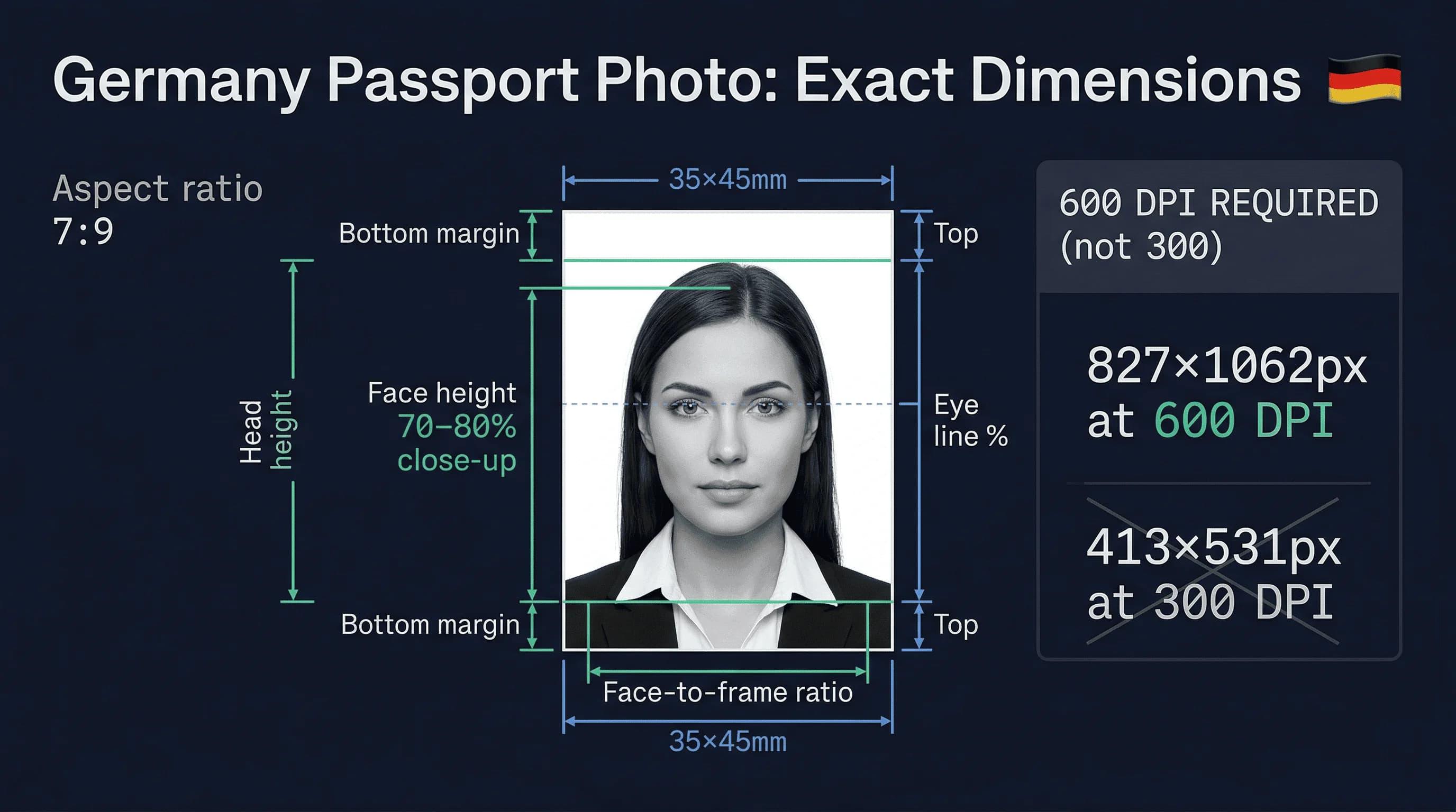 Diagram showing Germany passport photo dimensions: 35×45mm frame with head height and eye line markers