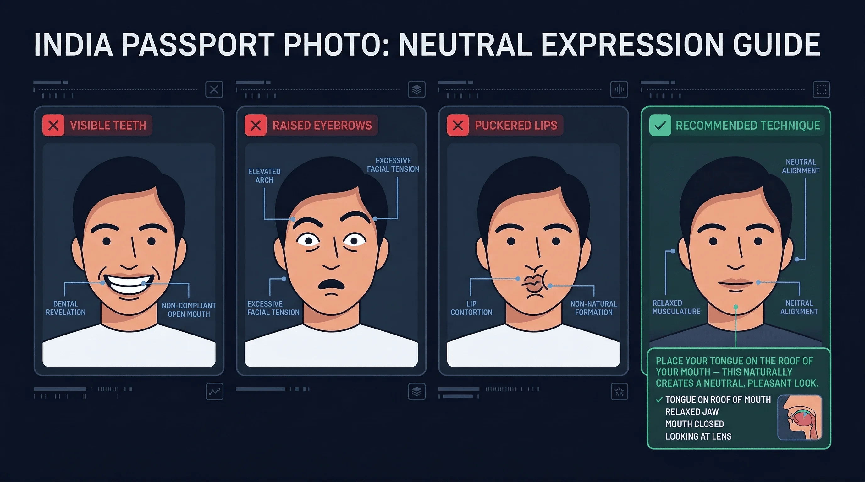 Examples of common India passport photo mistakes: visible teeth and raised eyebrows, with correct example shown
