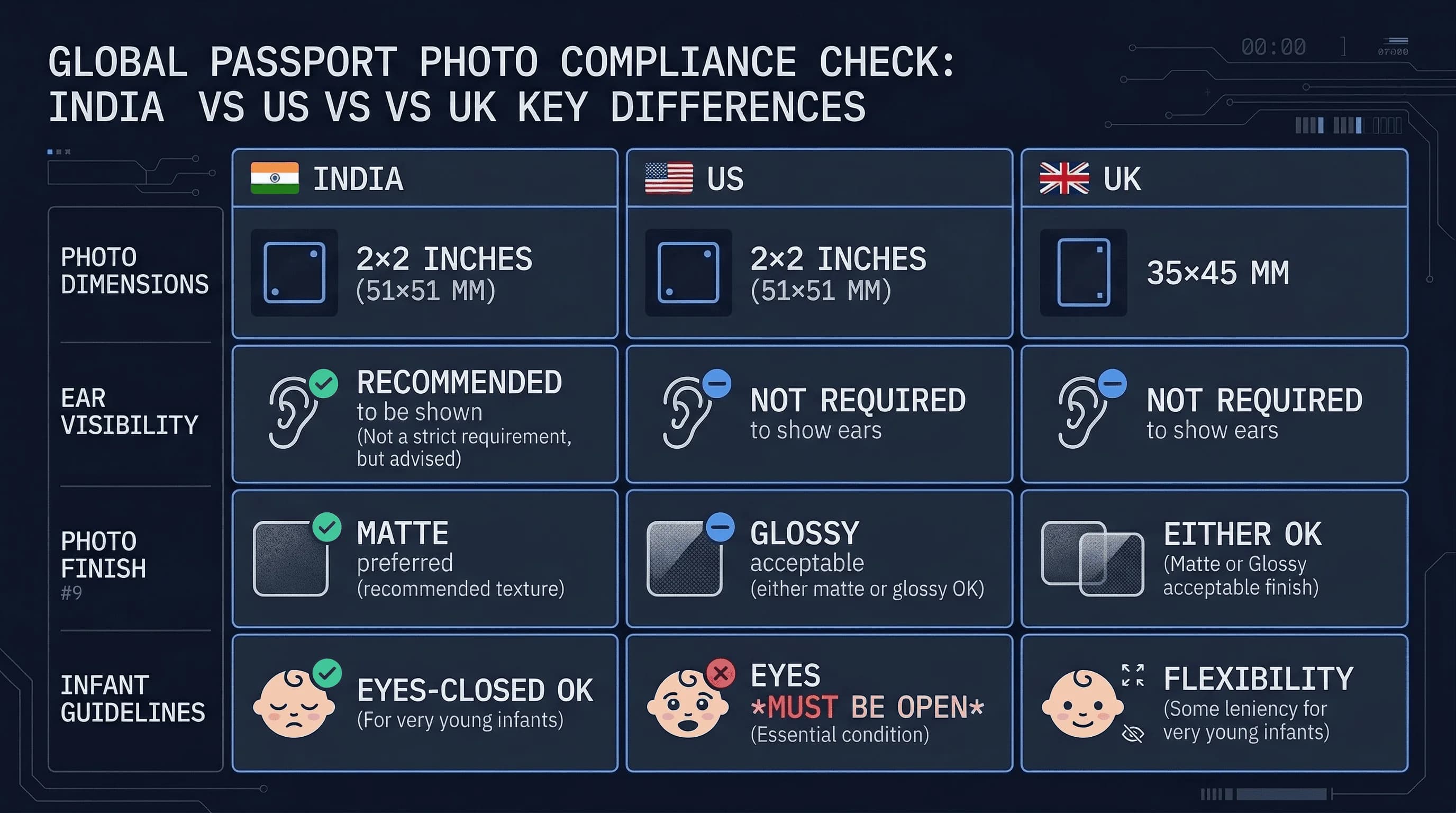 Grid comparing passport photo requirements across India, UK, US