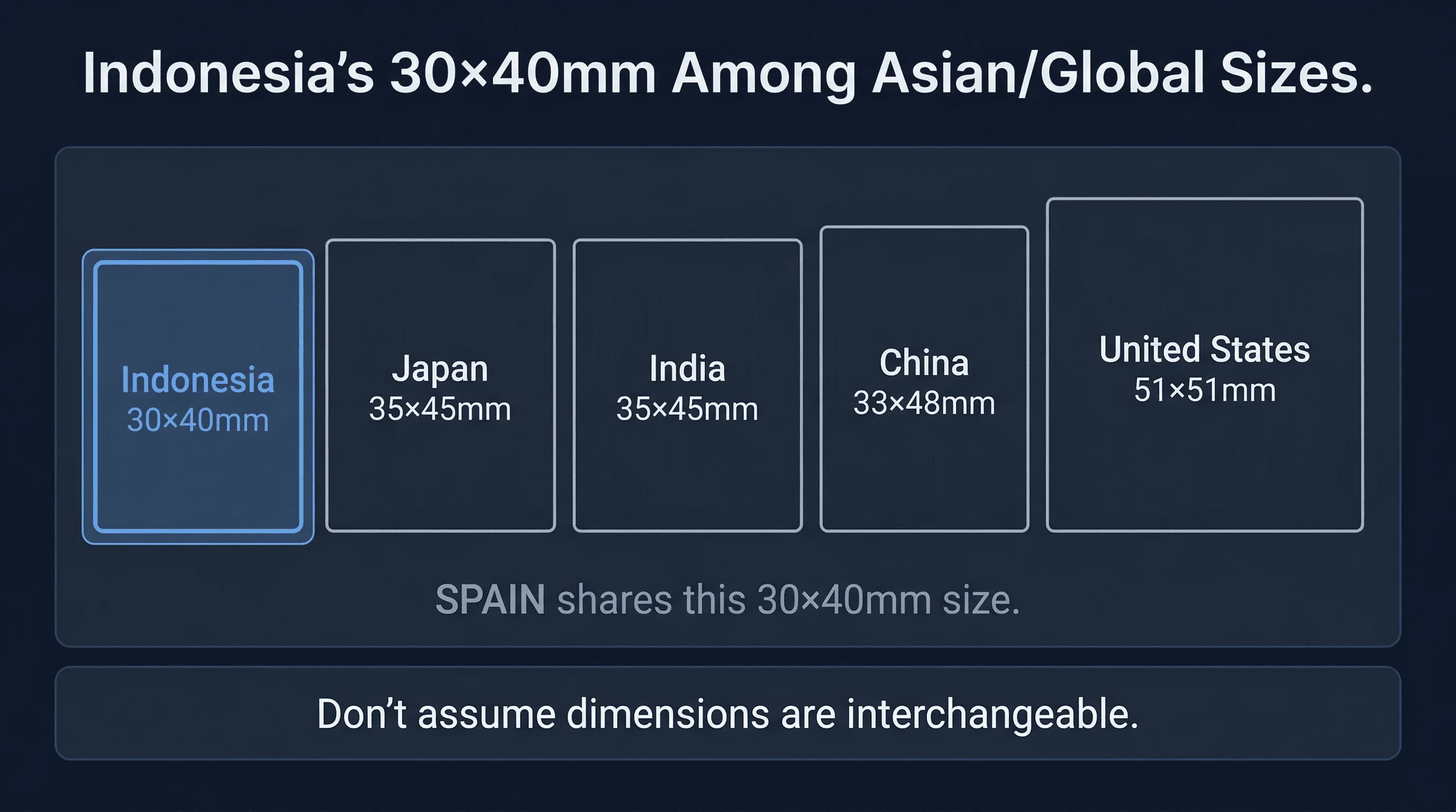 Size comparison chart showing passport photo dimensions for China, India, Indonesia, Japan, Spain