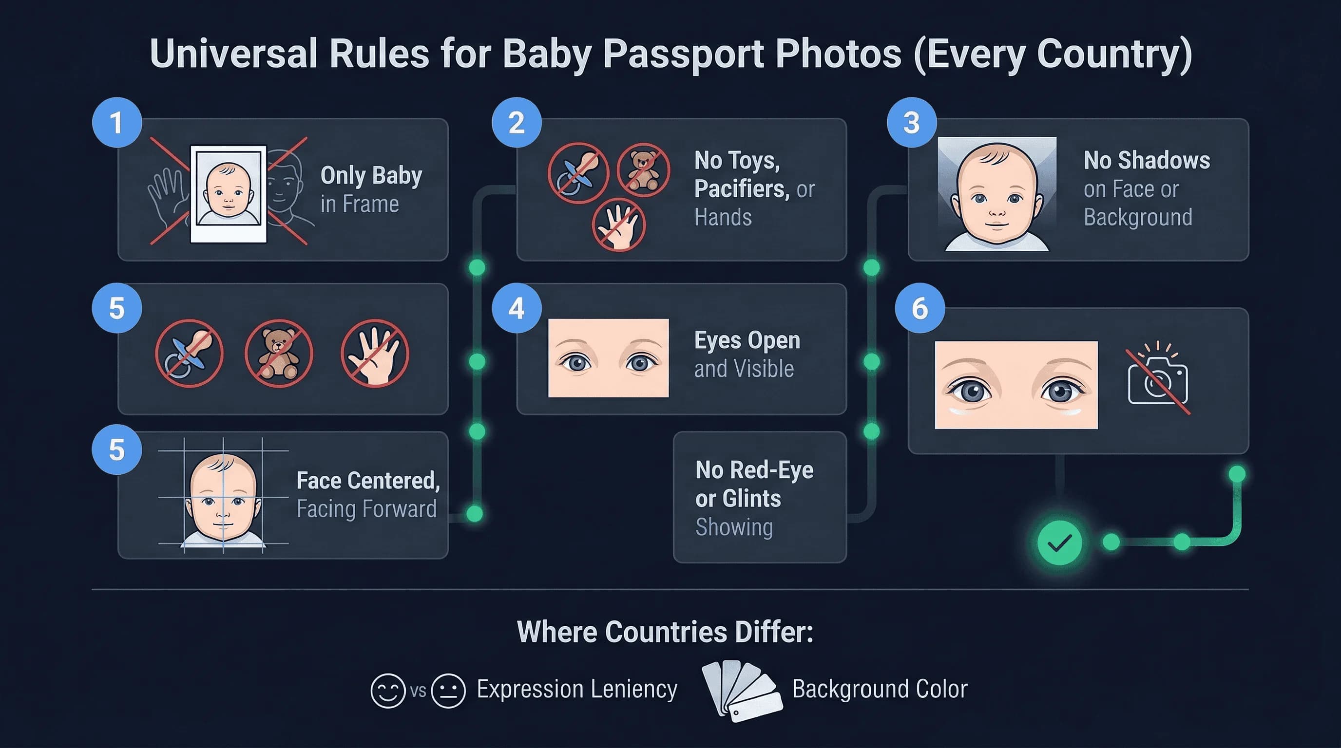 Step-by-step 6-step process for infant passport photos: white blanket method through crop and verify