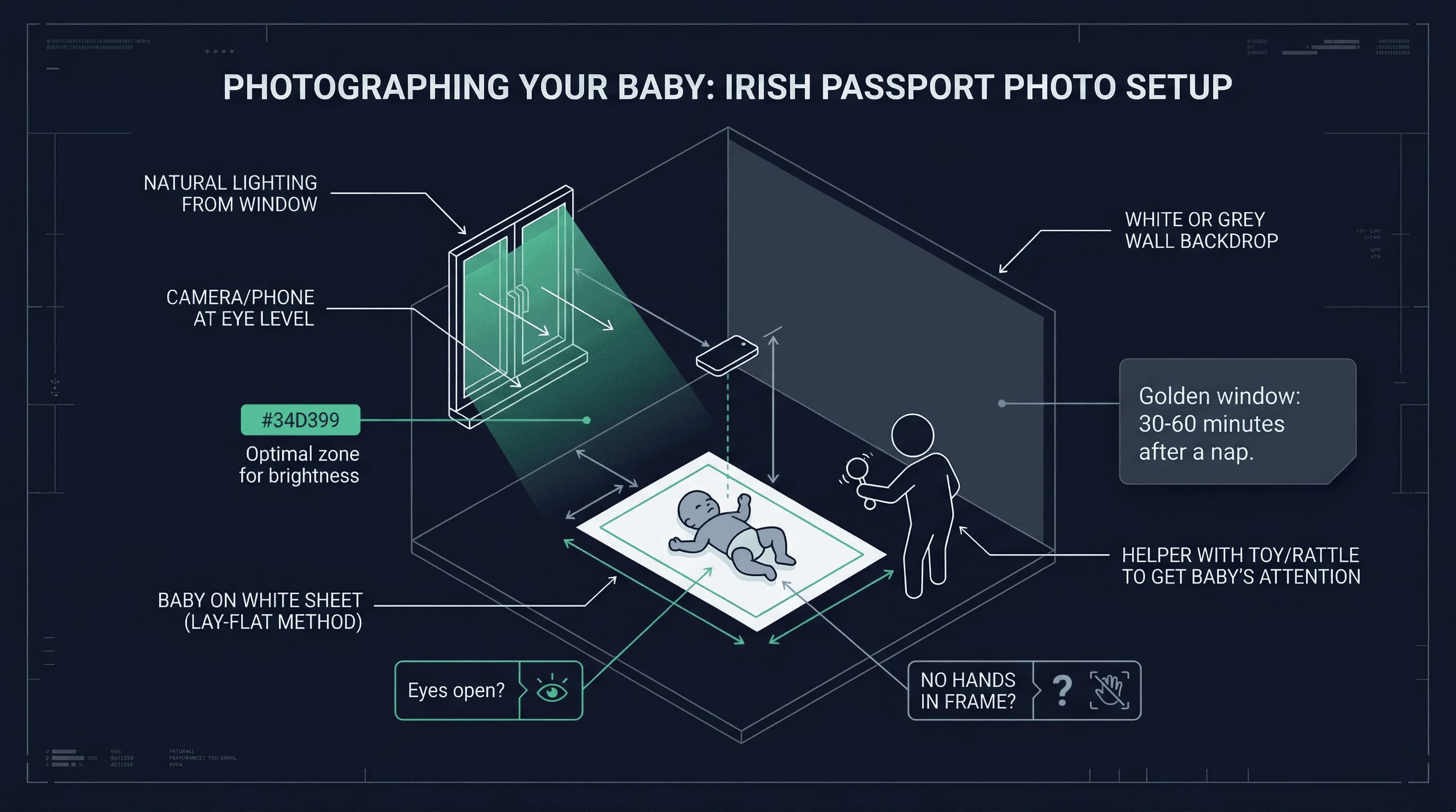 Diagram of a home baby passport photo setup for Ireland showing camera position, white backdrop, natural lighting
