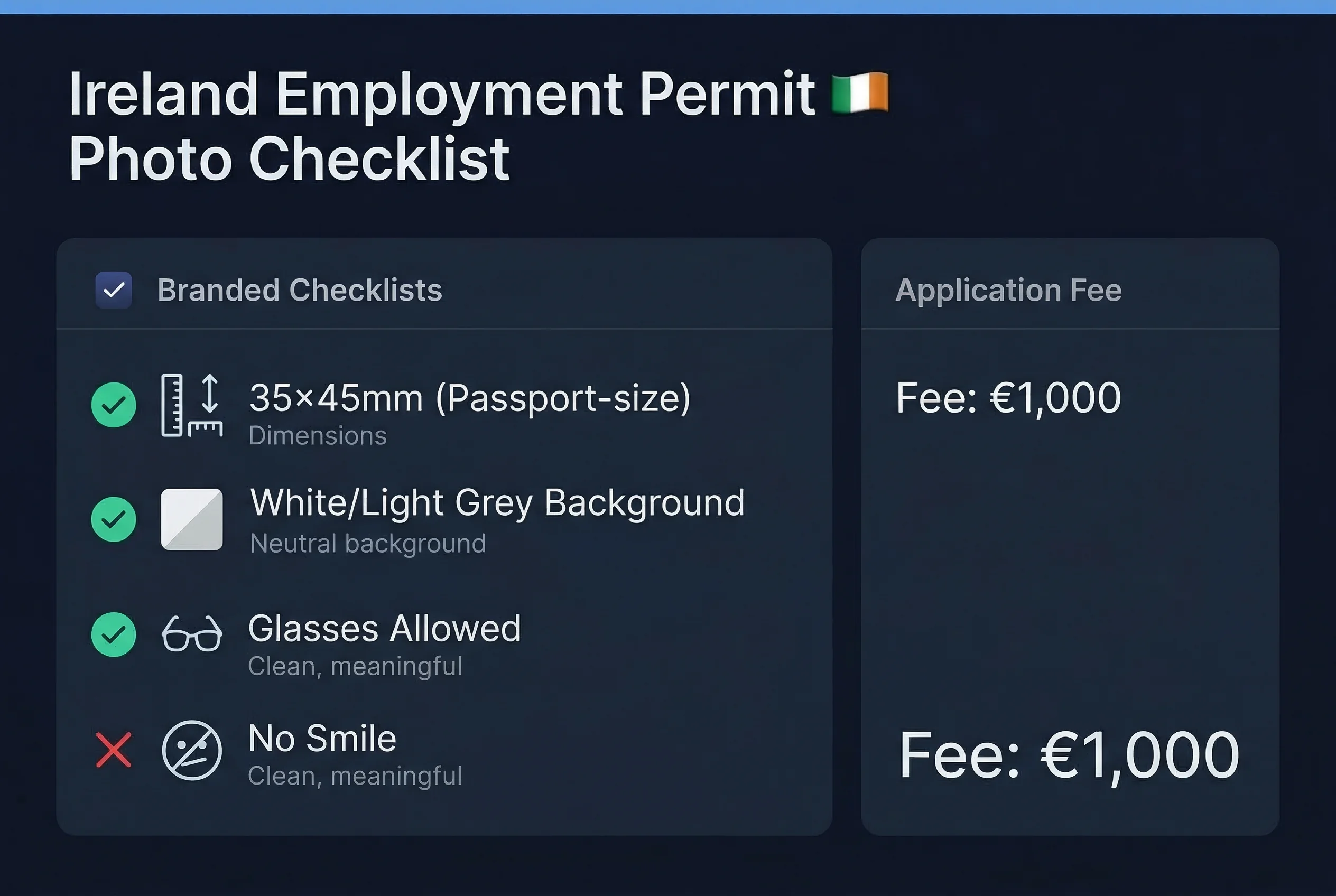 Requirements checklist for Ireland employment permit photos: 35×45mm size, white background