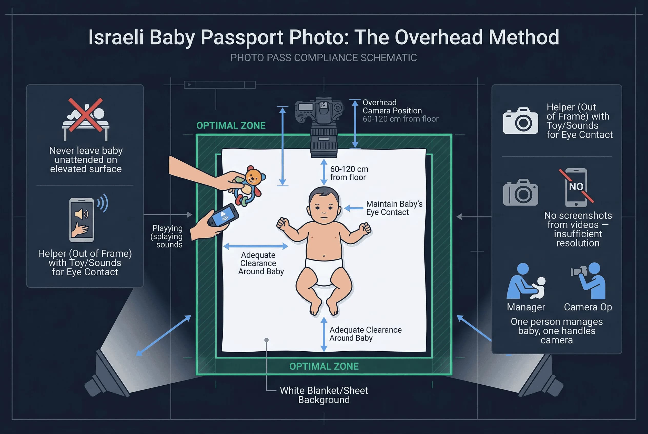 Diagram of a home baby passport photo setup for Israel showing camera position, backdrop