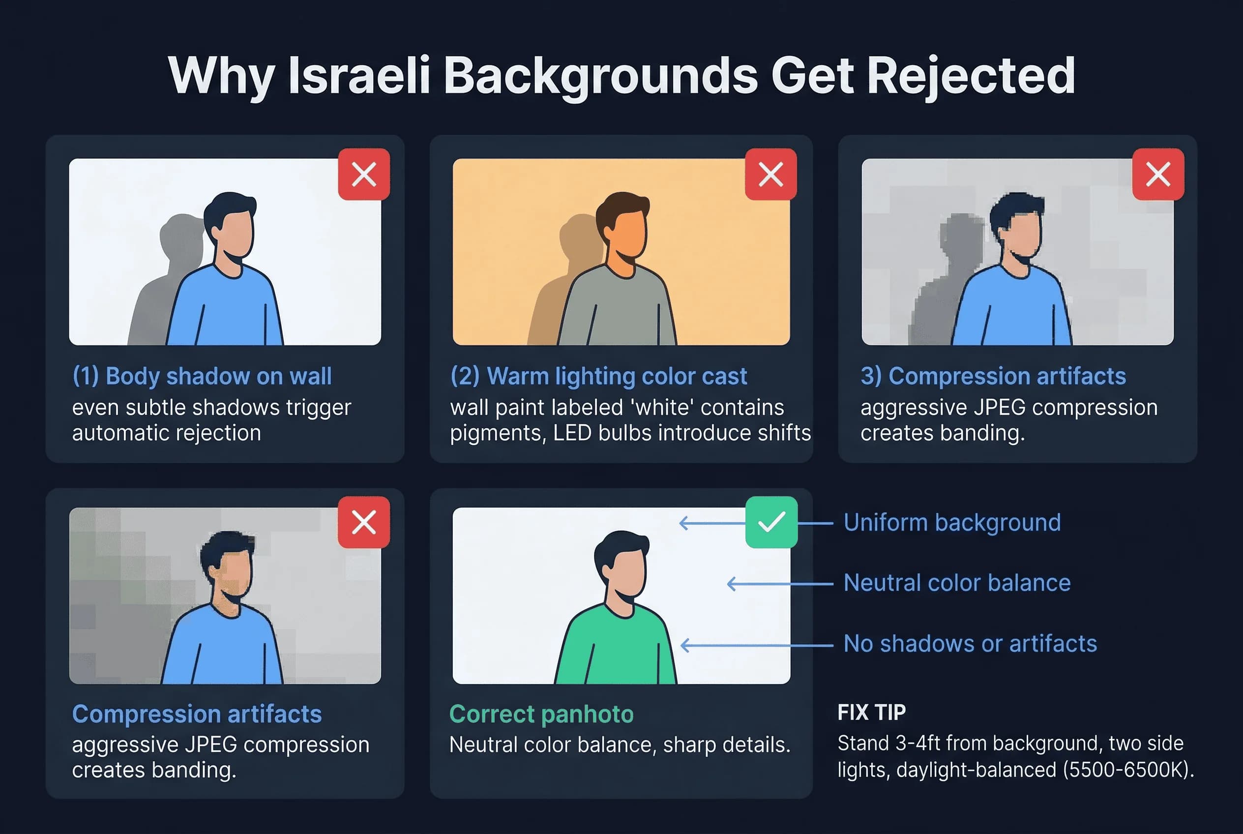 Examples of common Israel passport photo mistakes: body shadow on wall and warm lighting color cast, with correct example