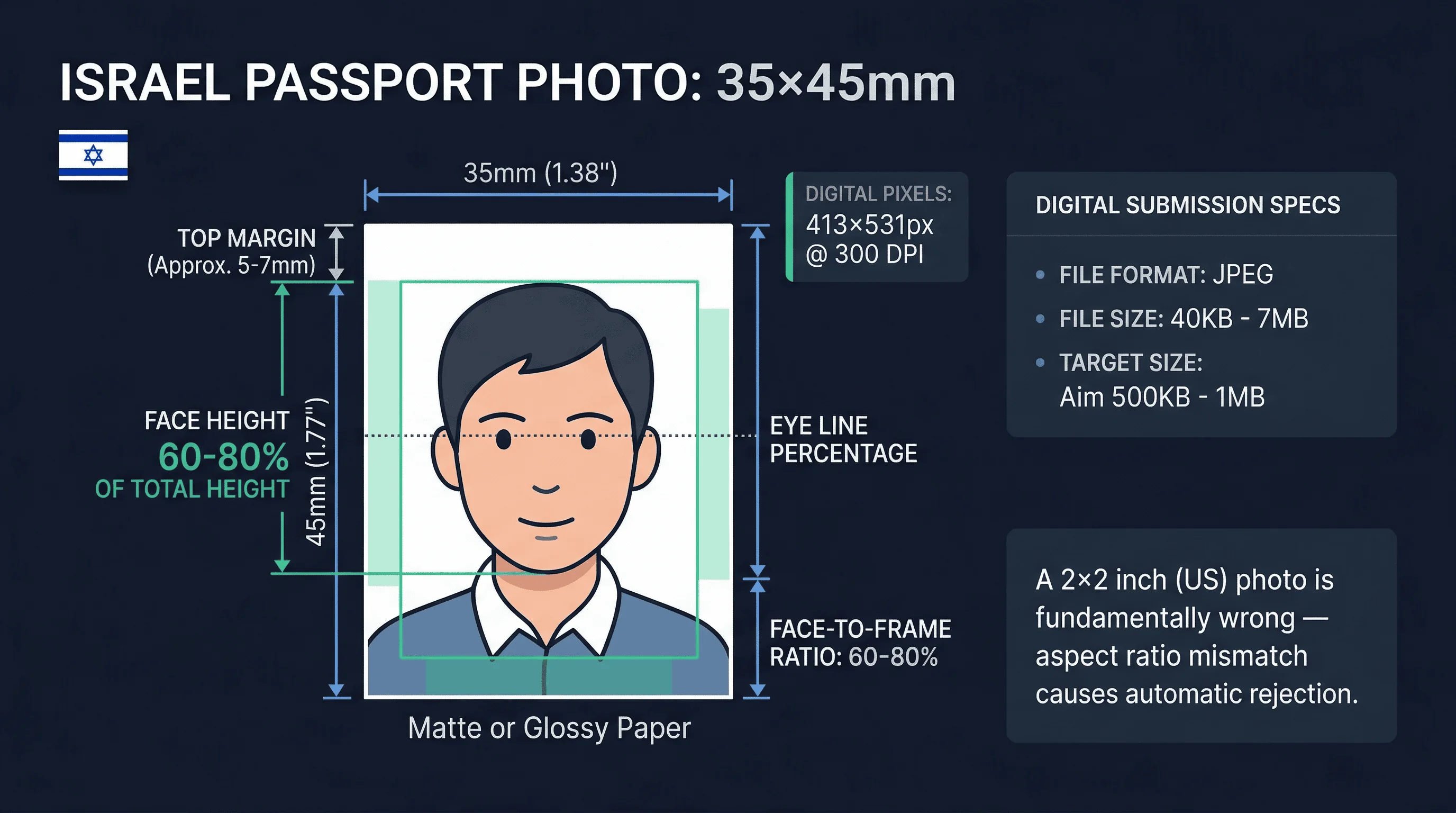Diagram showing Israel passport photo dimensions: 35×45mm frame with head height and eye line markers