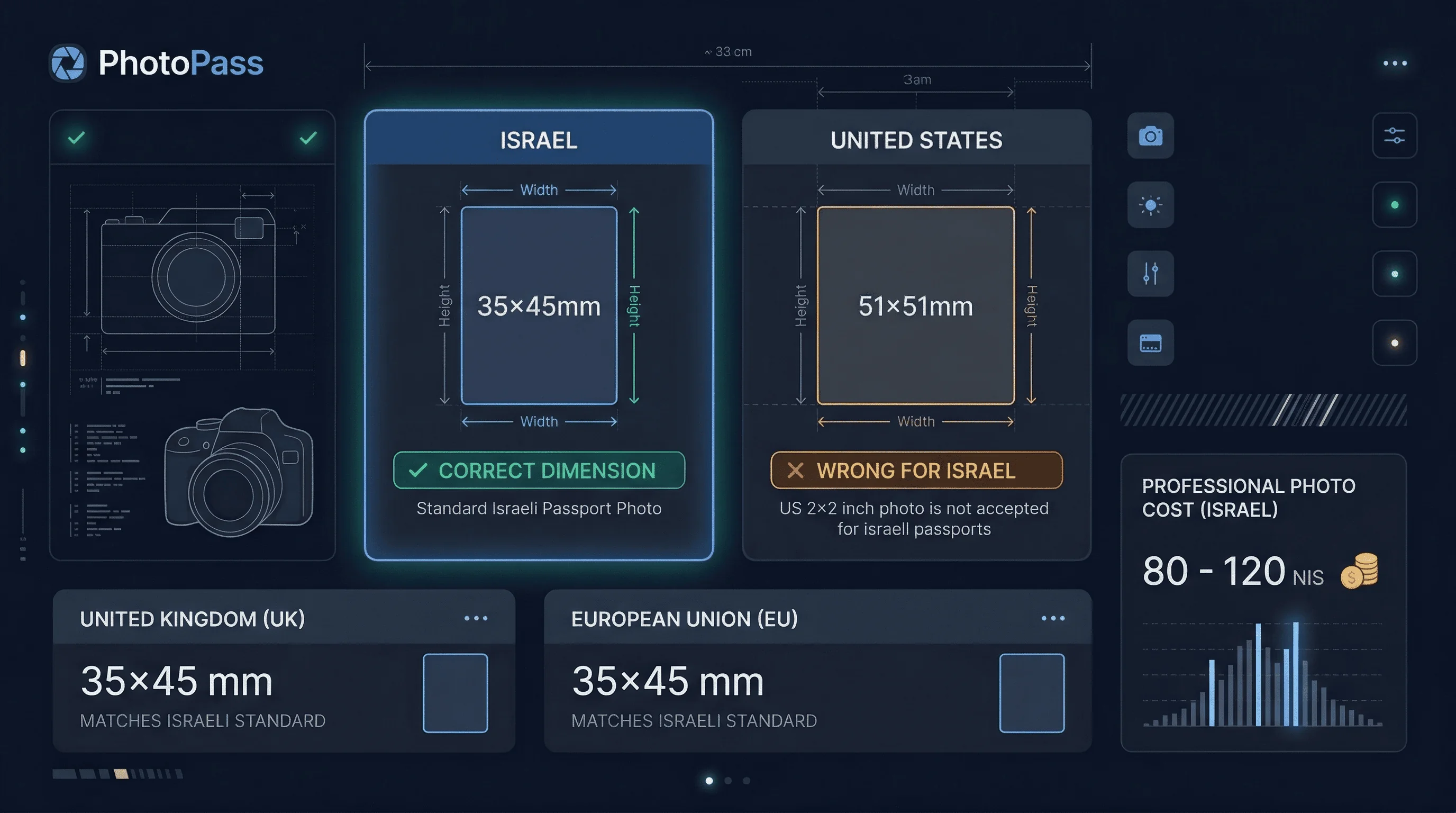 Size comparison chart showing passport photo dimensions for Israel, UK, US