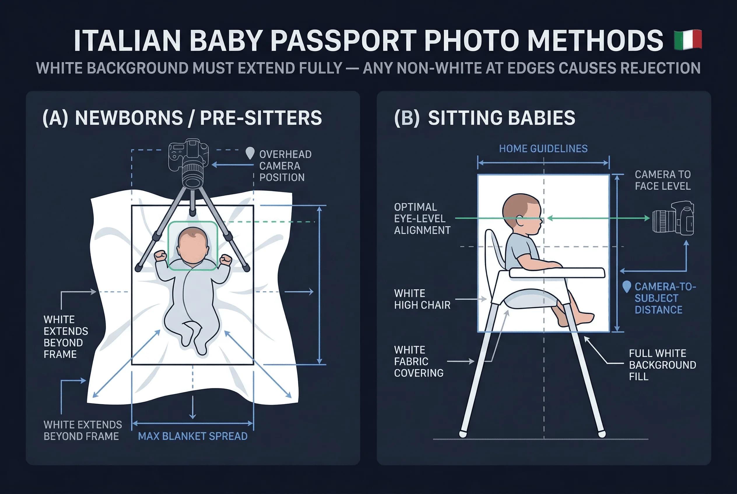 Diagram of a home baby passport photo setup for Italy showing camera position, backdrop