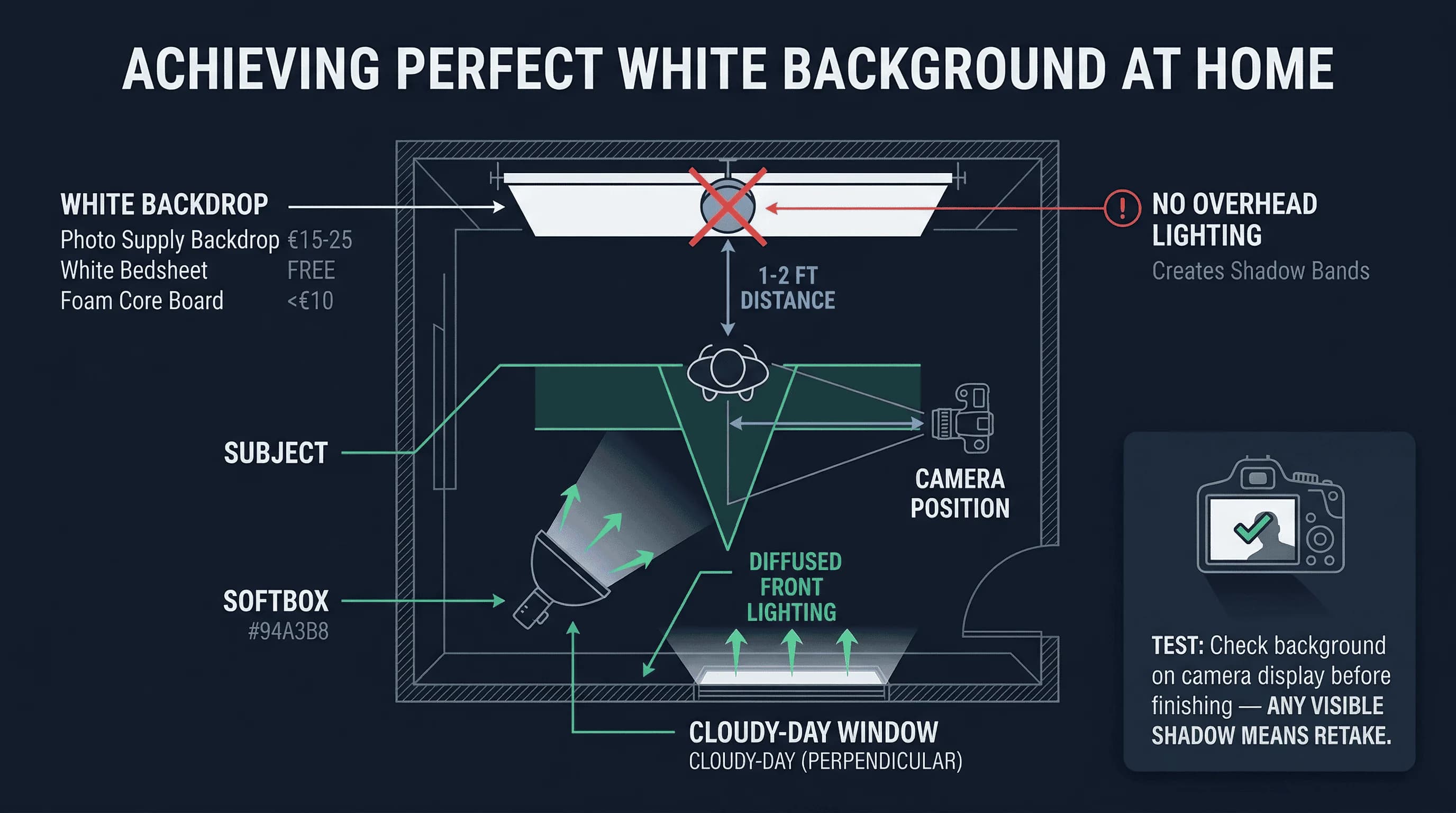 Diagram of a home passport photo setup for Italy showing camera position, white backdrop, lighting placement