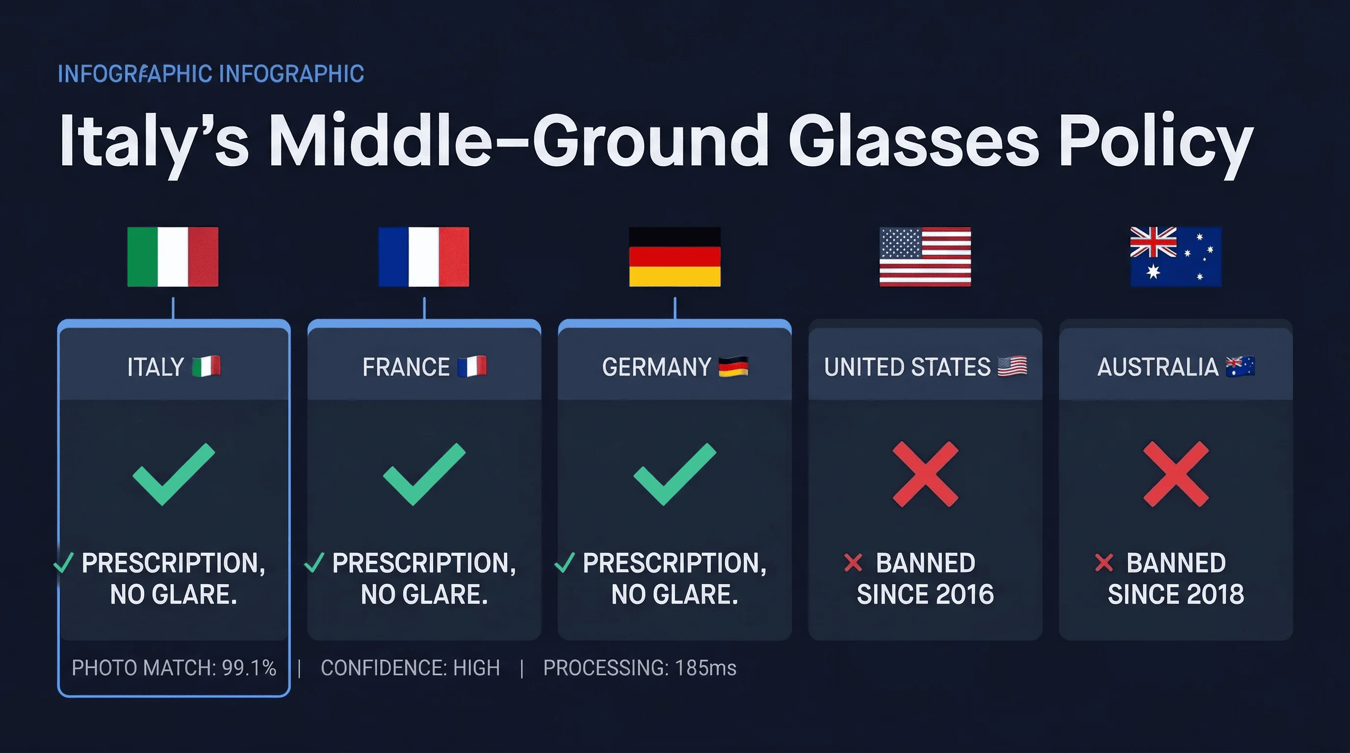 Grid comparing passport photo glasses policies across Australia, France, Germany, Italy, US
