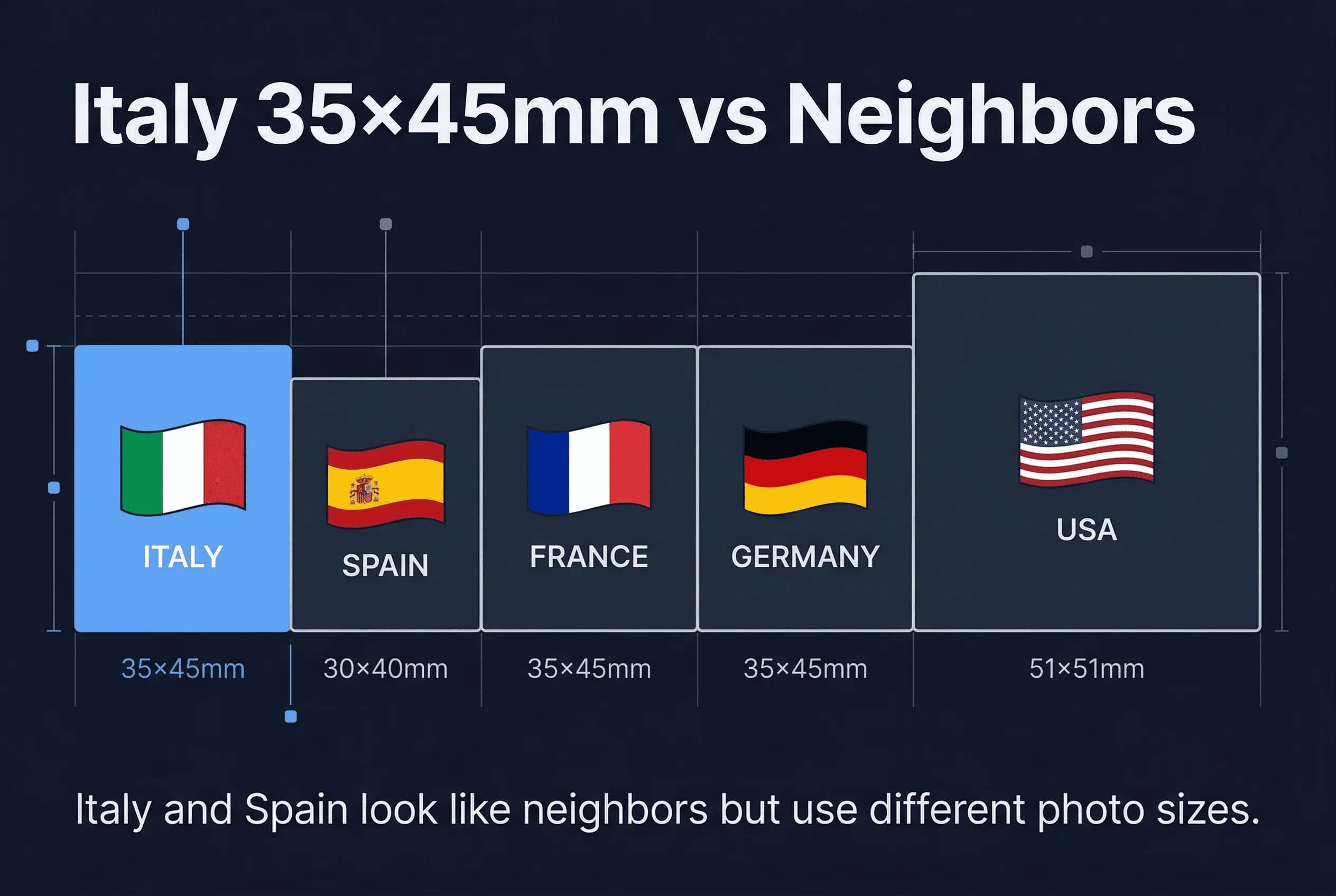 Size comparison chart showing passport photo dimensions for France, Germany, Italy, Spain, US