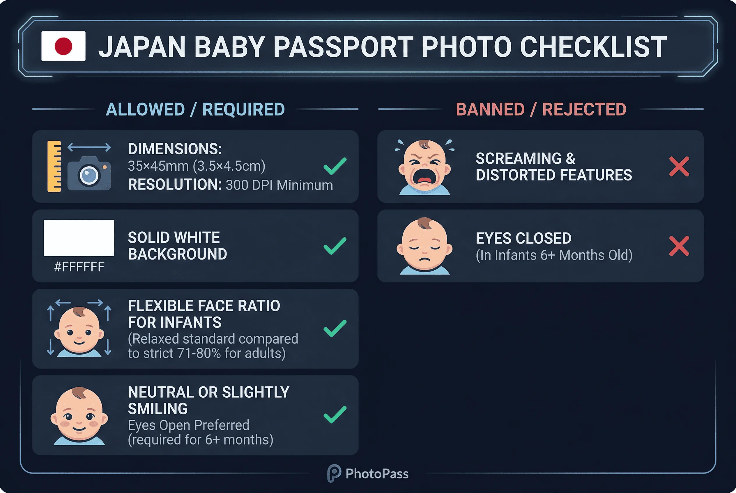 Requirements checklist for Japan baby passport photos: 35×45mm size, white #ffffff background non-negotiable, face ratio