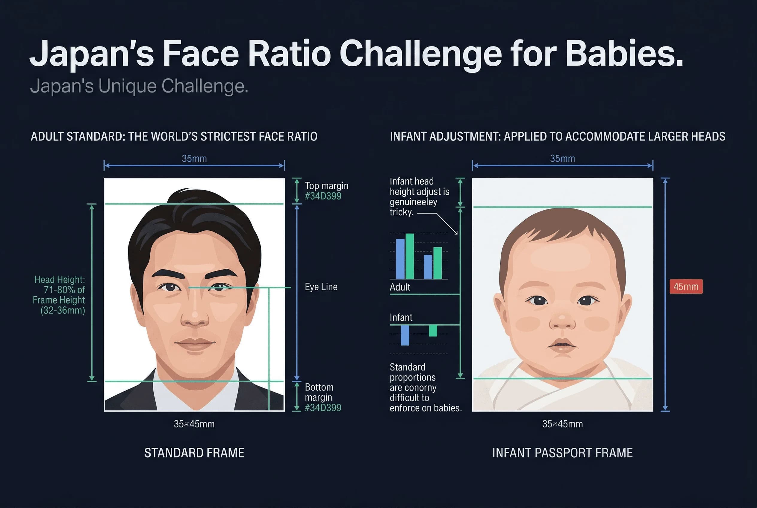 Diagram showing Japan baby passport photo dimensions: 35×45mm frame with 71-80% face ratio markers