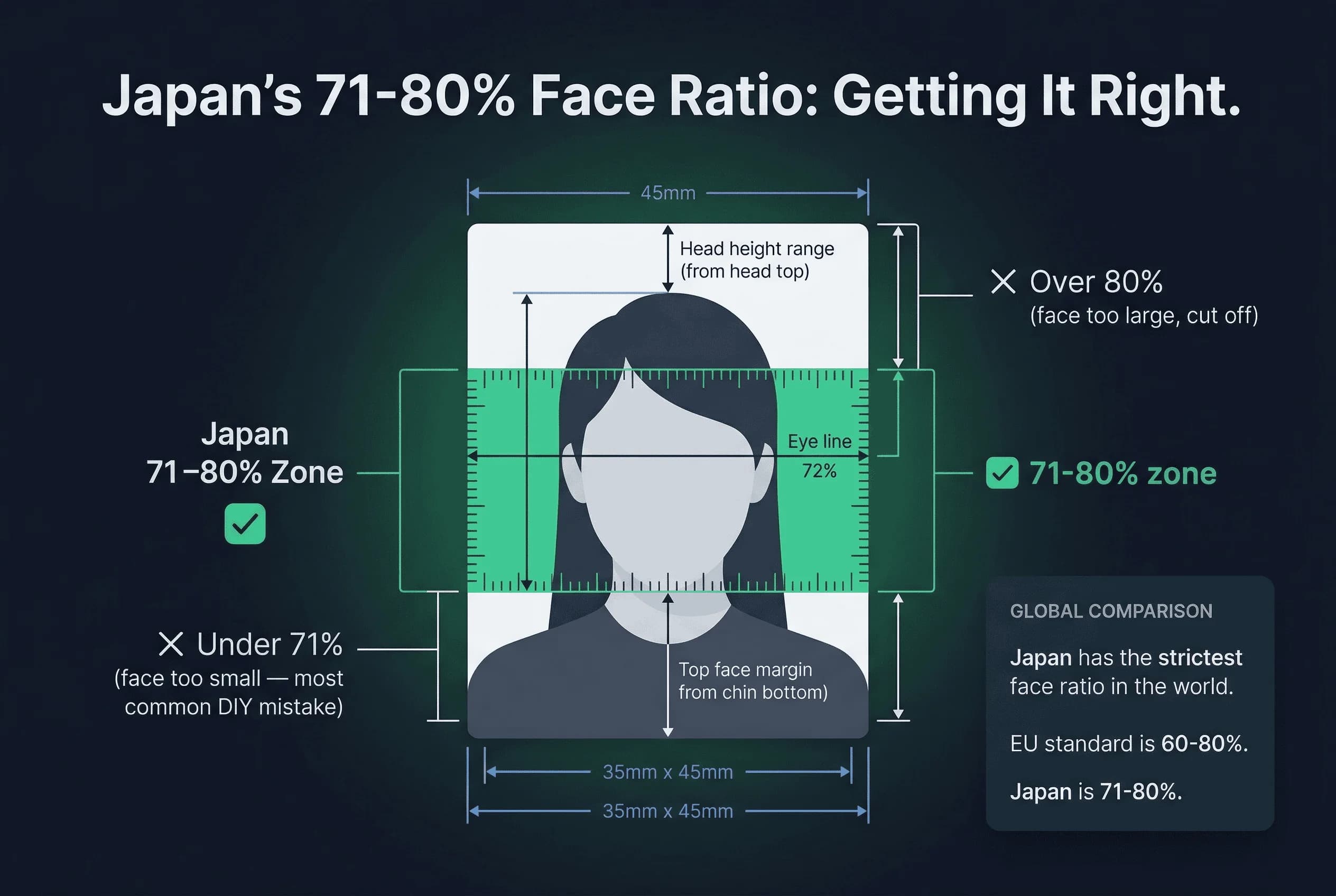 Annotated diagram of Japanese passport photo dimensions with head height and face ratio markers