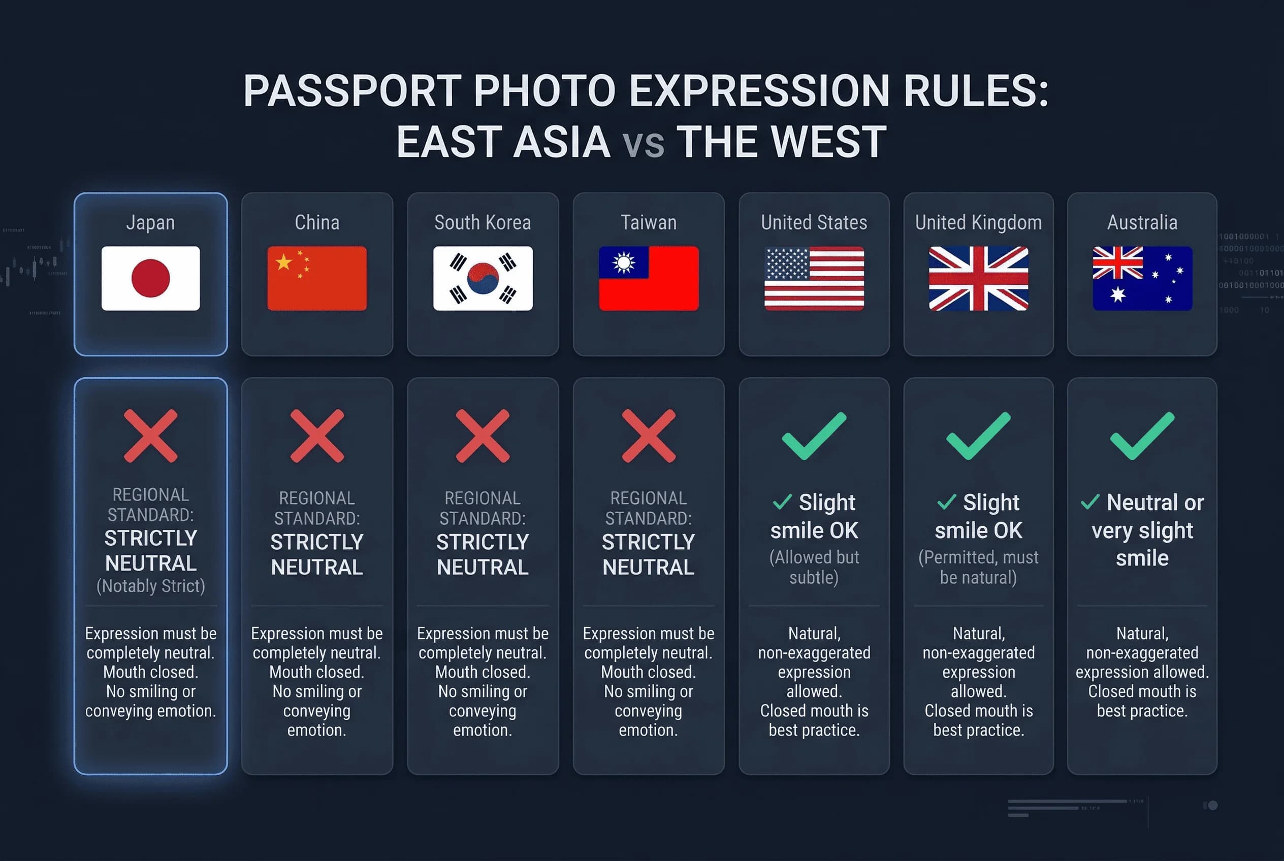 Grid comparing passport photo expression rules across Australia, China, Japan, South Korea, Taiwan