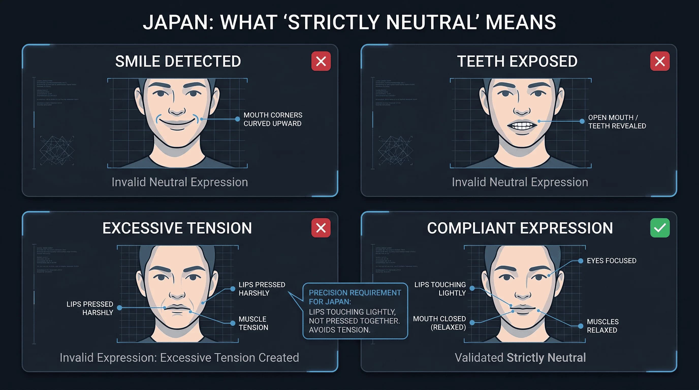 Examples of common Japan passport photo mistakes: corners of mouth raised and teeth visible, with correct example