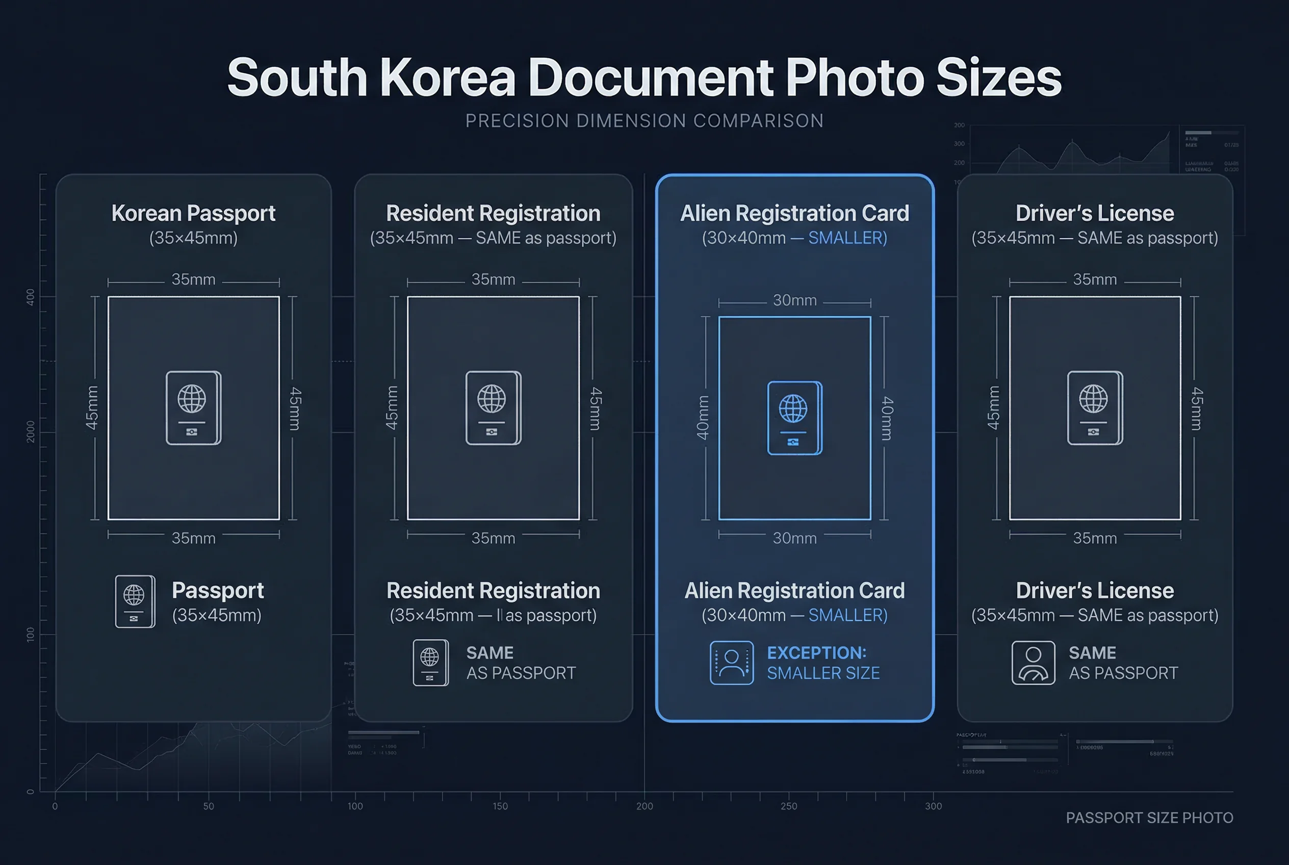Size comparison chart showing Korean alien registration card photo dimensions versus passport sizes