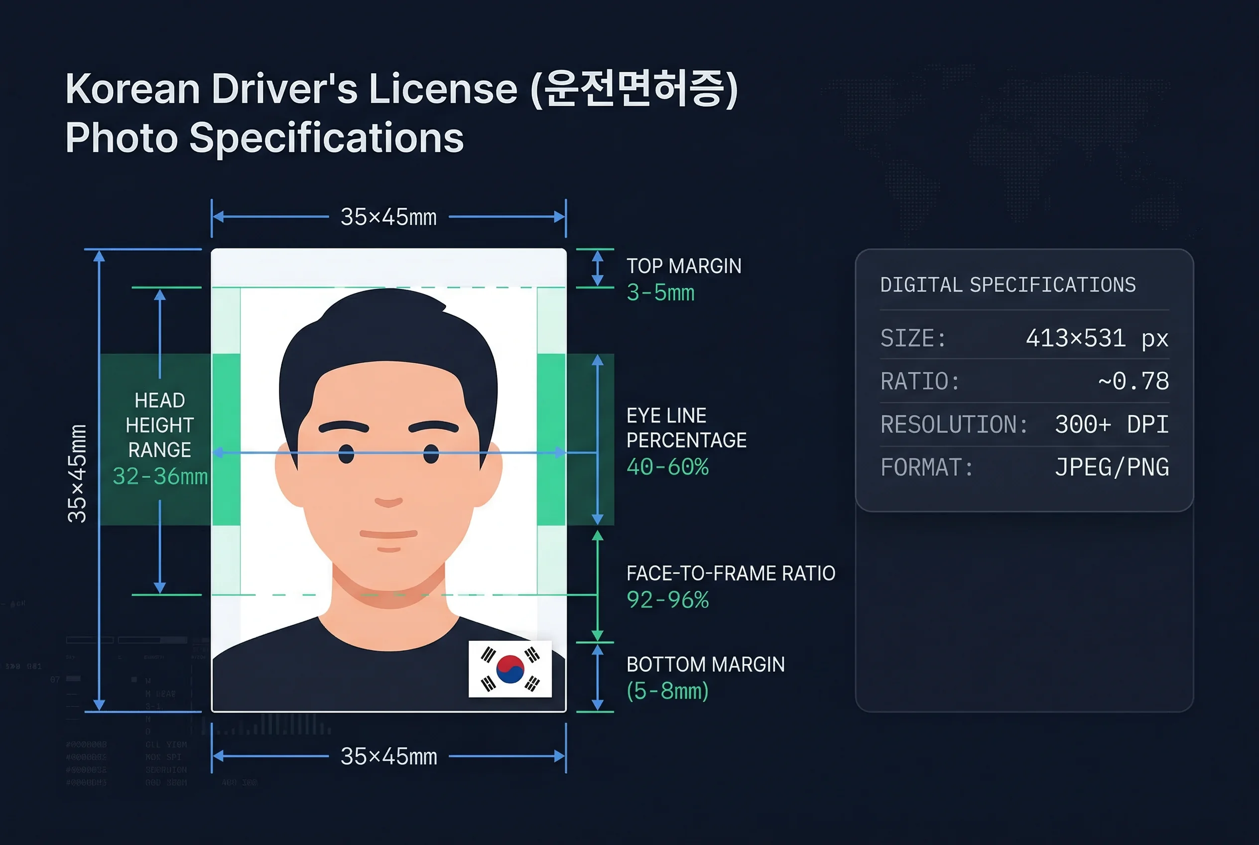 Diagram showing South Korean driver's license photo dimensions: 35×45mm frame with head height and eye line markers