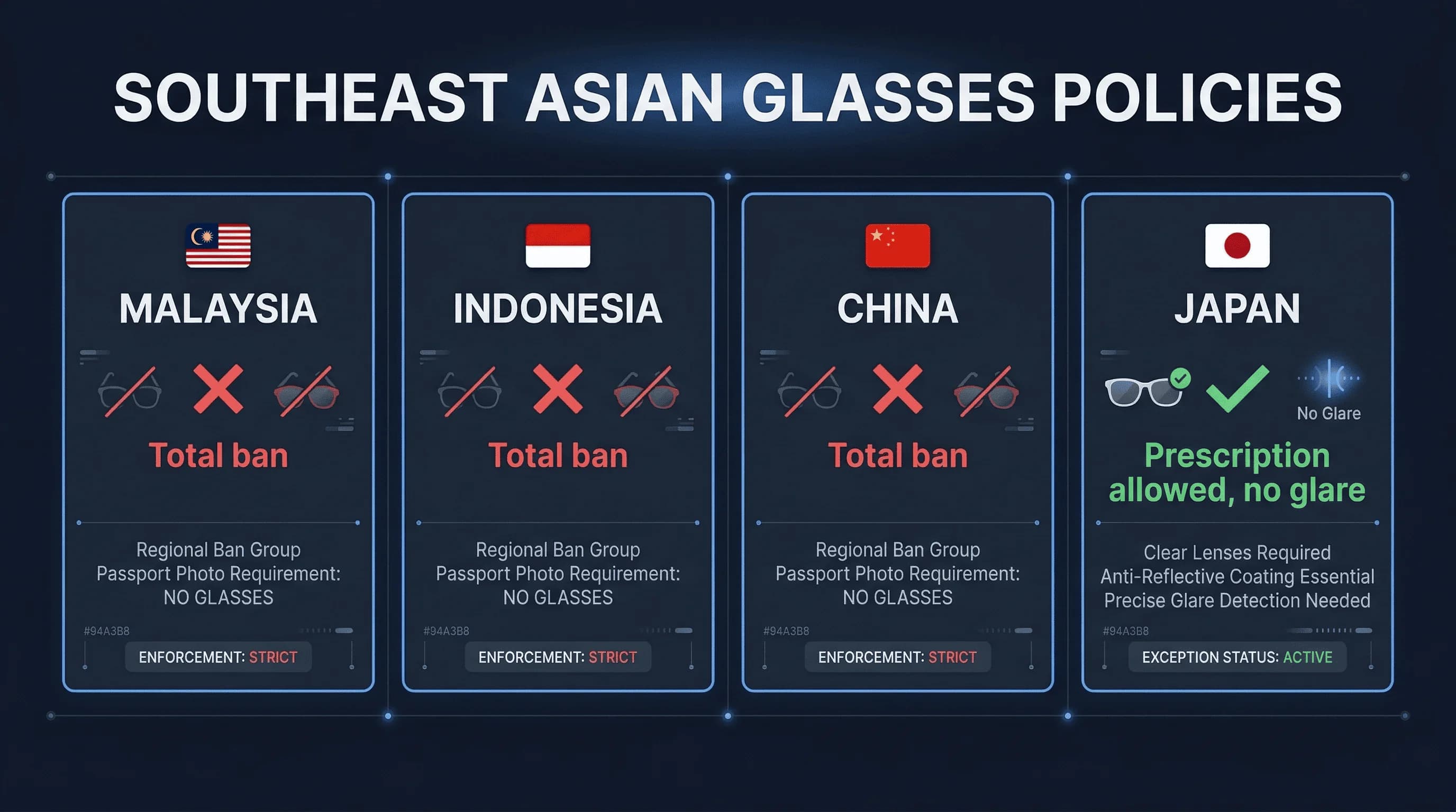 Grid comparing passport photo glasses policies across China, Indonesia, Japan, Malaysia