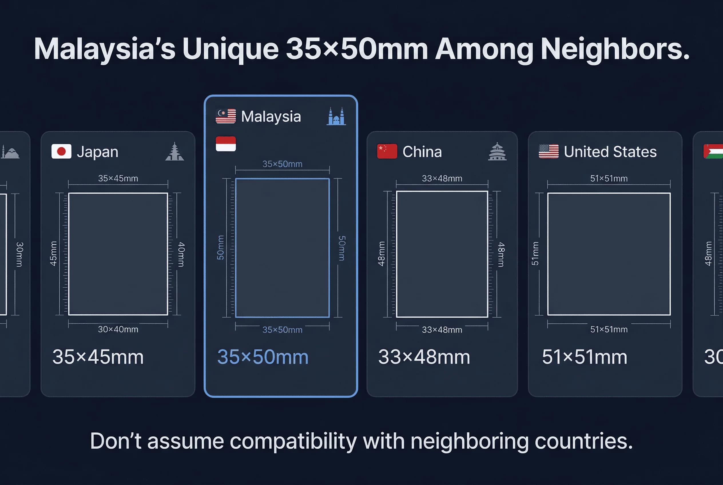 Size comparison chart showing passport photo dimensions for China, Indonesia, Japan, Malaysia, US